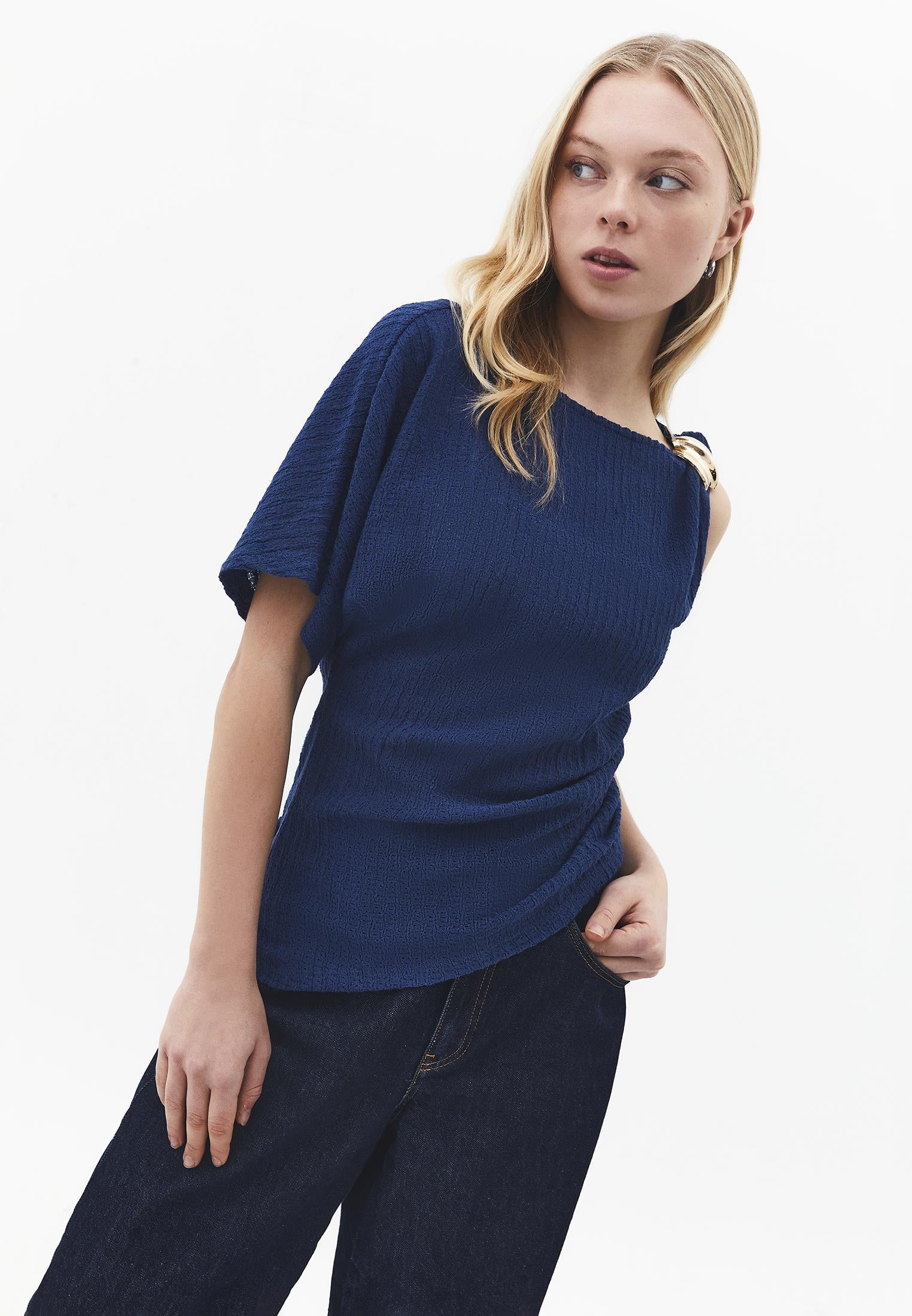 Asymmetric Boat Neck Blouse - NAVY PEONY