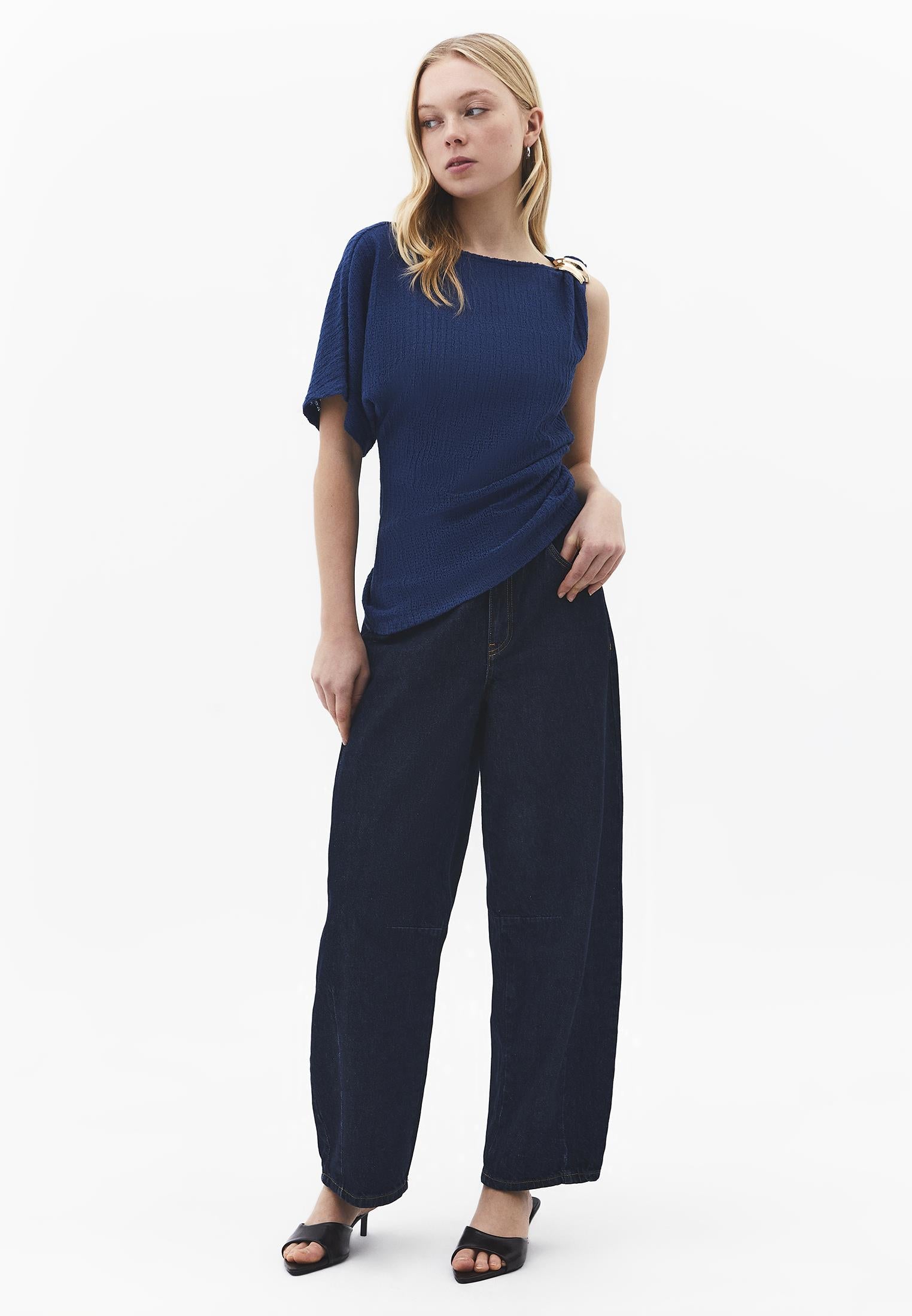 Asymmetric Boat Neck Blouse - NAVY PEONY