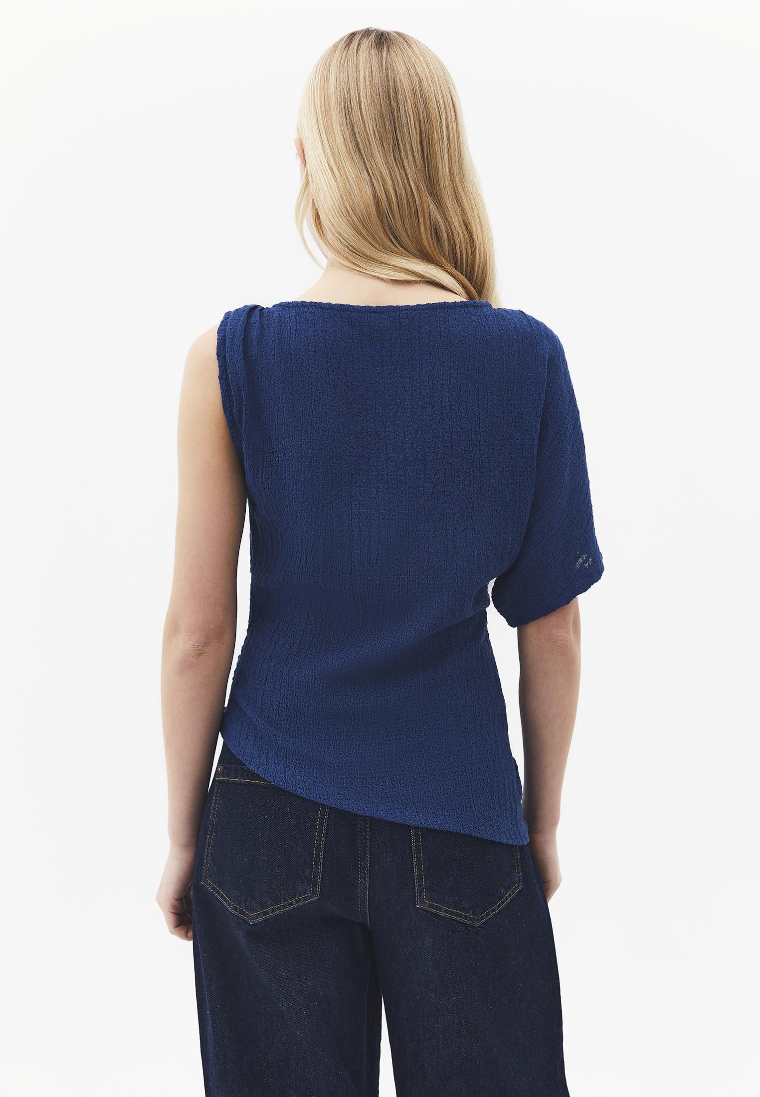 Asymmetric Boat Neck Blouse - NAVY PEONY