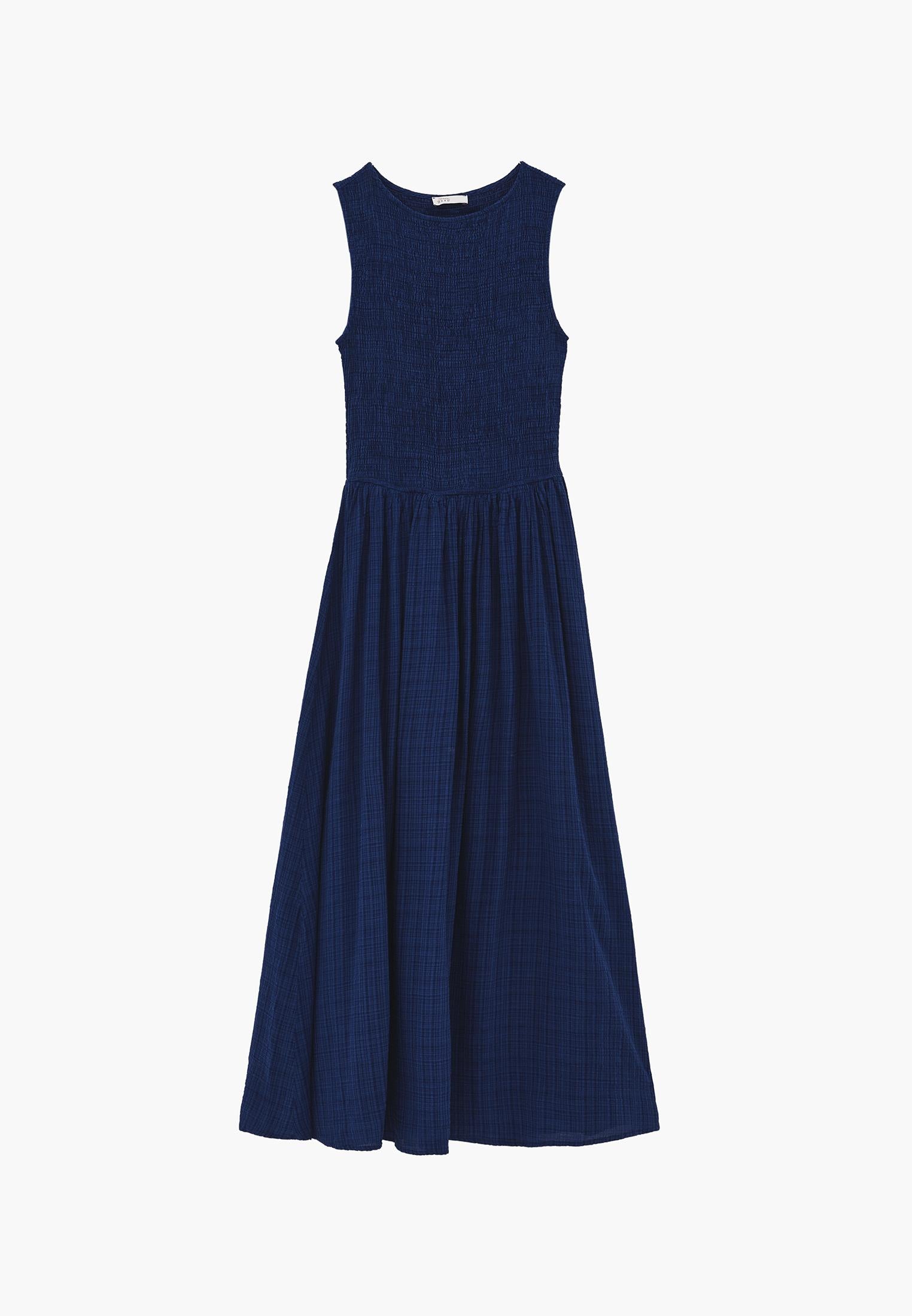 Long Boat Neck Smocked Sleeveless Dress - NAVY PEONY