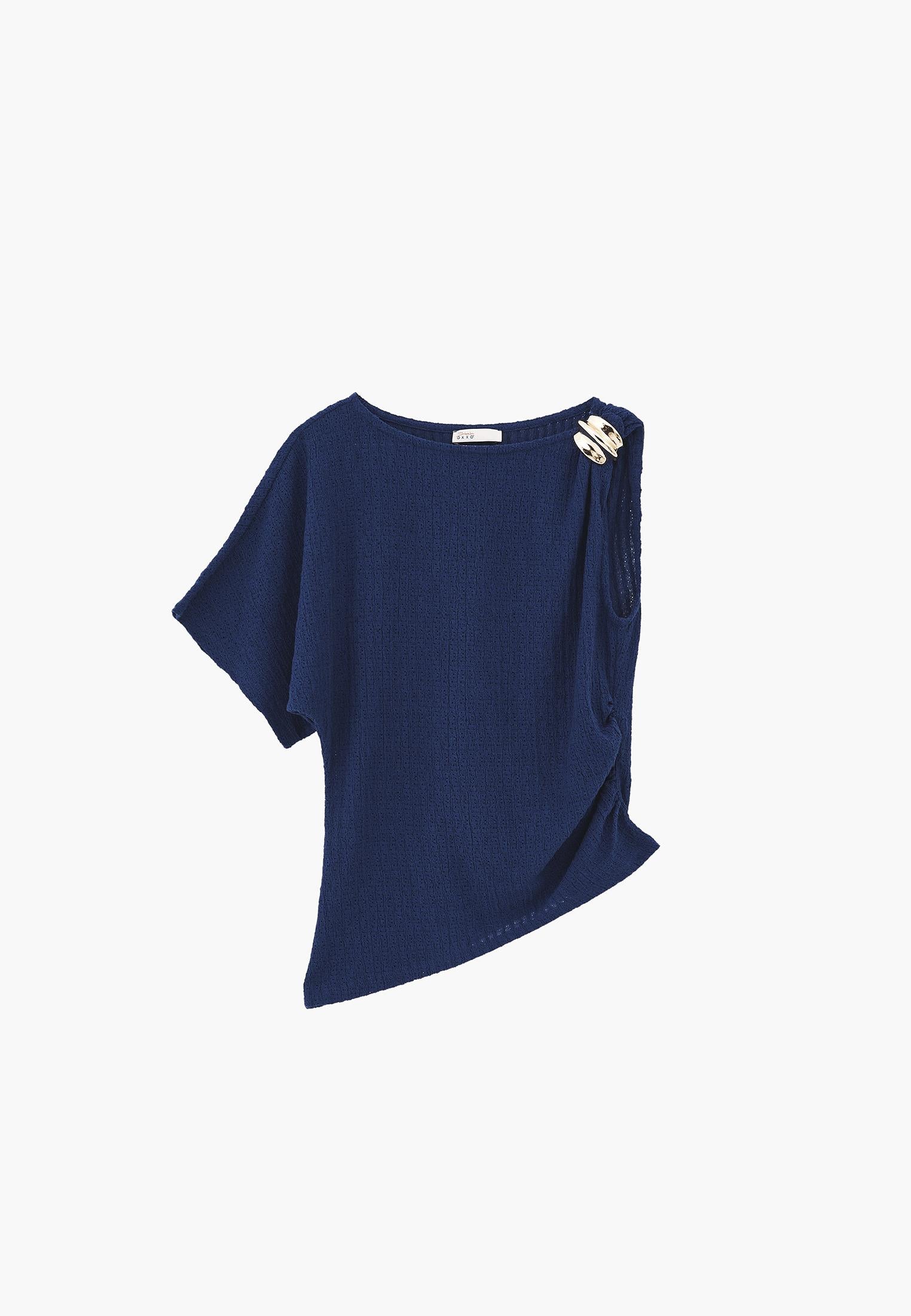 Asymmetric Boat Neck Blouse - NAVY PEONY