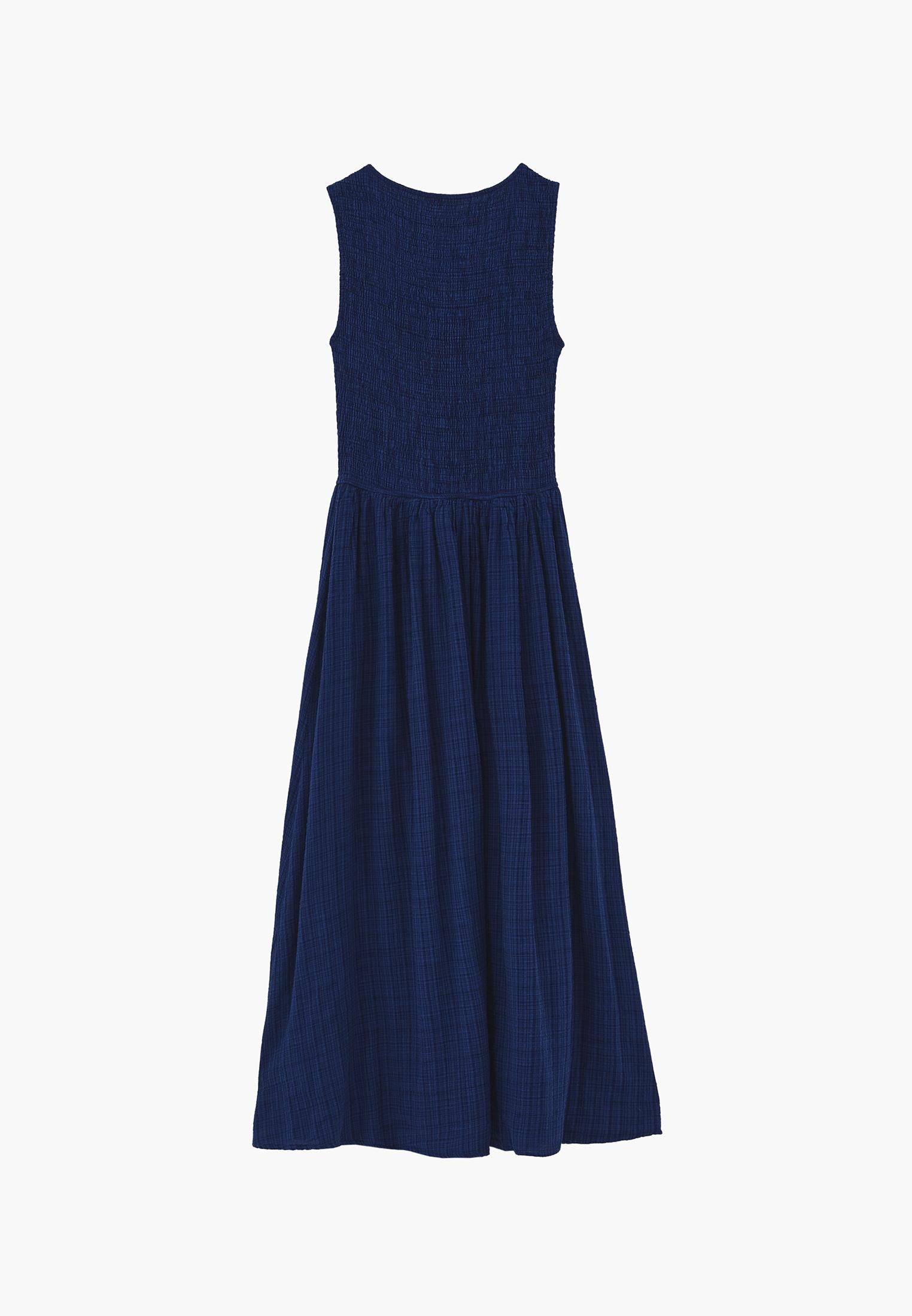 Long Boat Neck Smocked Sleeveless Dress - NAVY PEONY