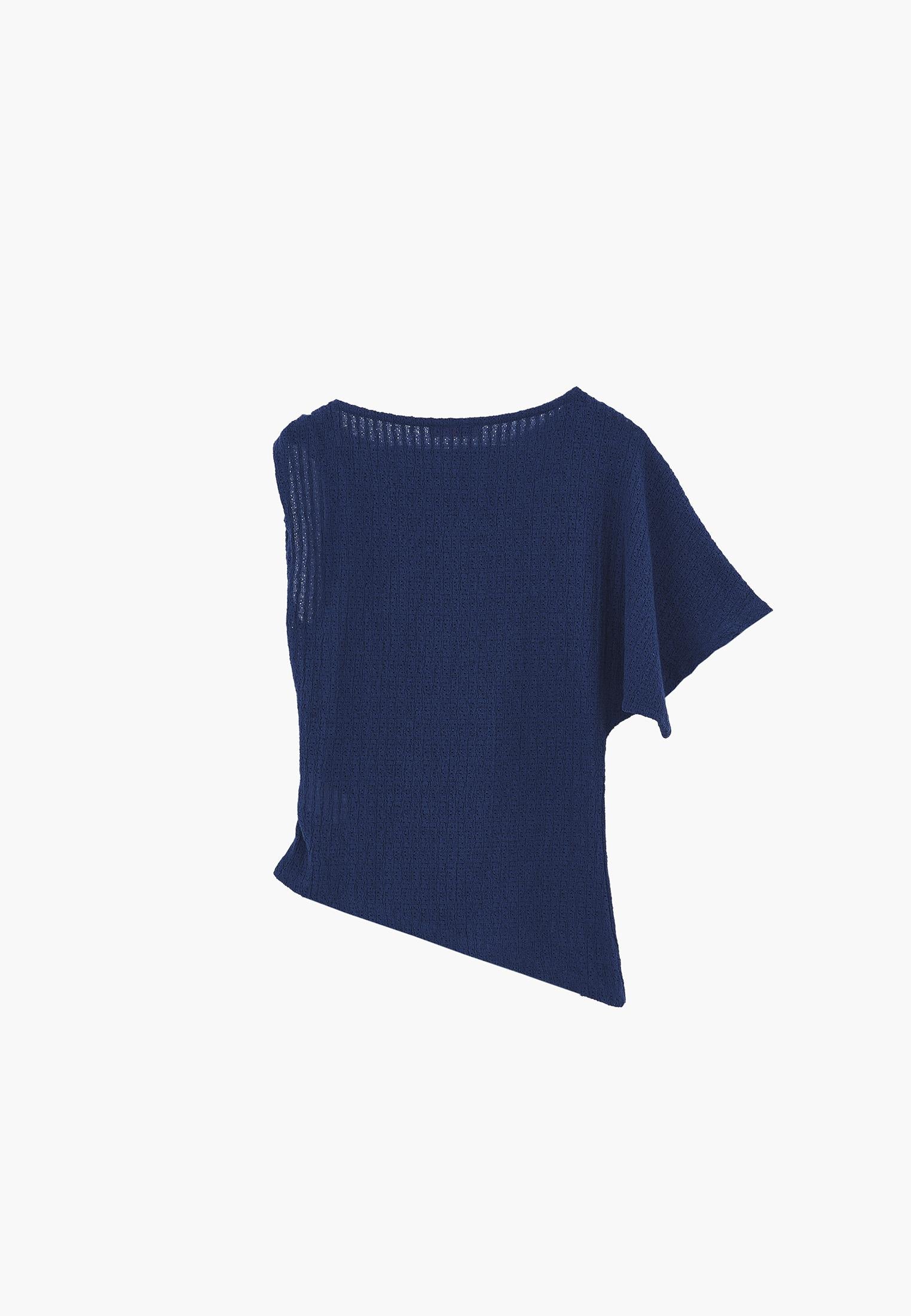 Asymmetric Boat Neck Blouse - NAVY PEONY
