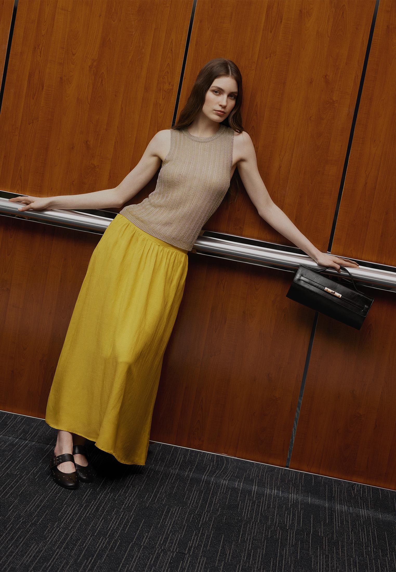 Shiny Long Flared Skirt - NUGGET GOLD