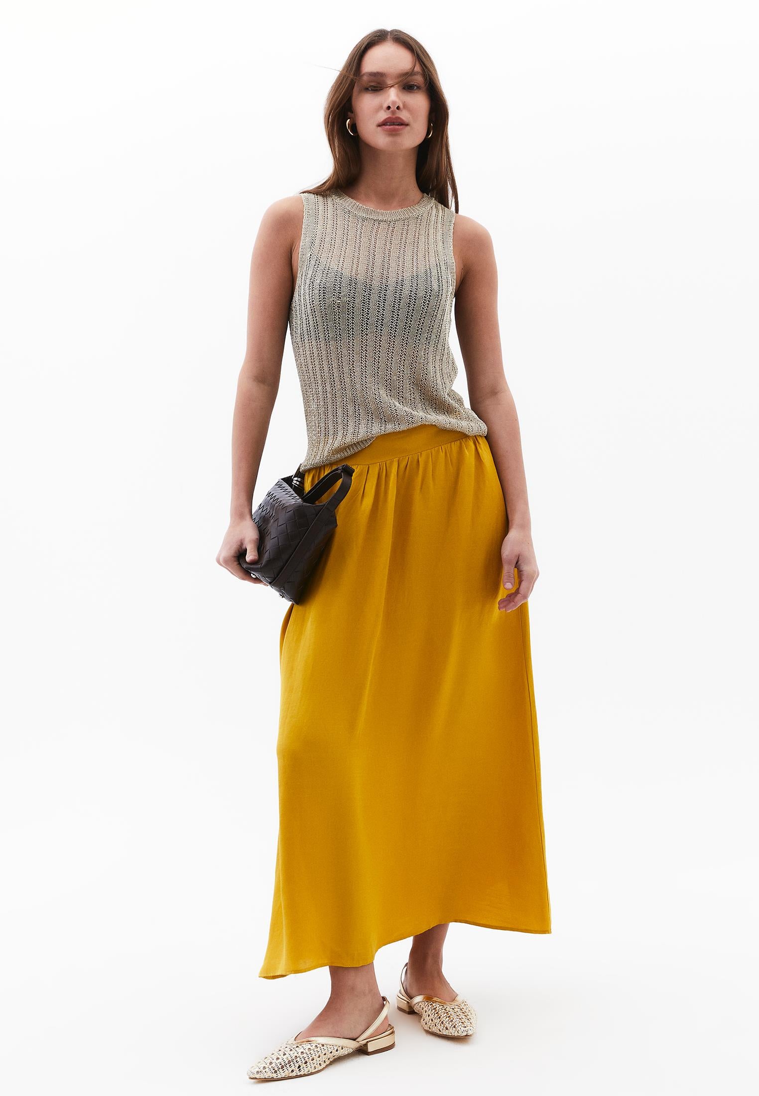 Shiny Long Flared Skirt - NUGGET GOLD