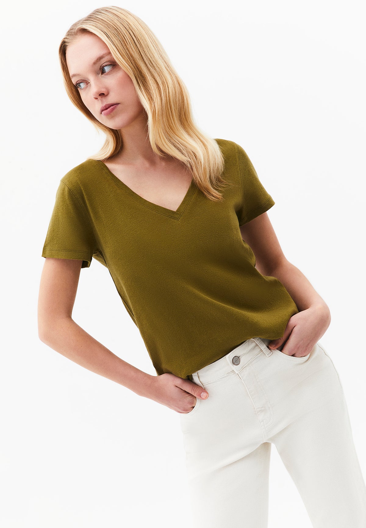 Loose Fit V Neck T-Shirt - Green