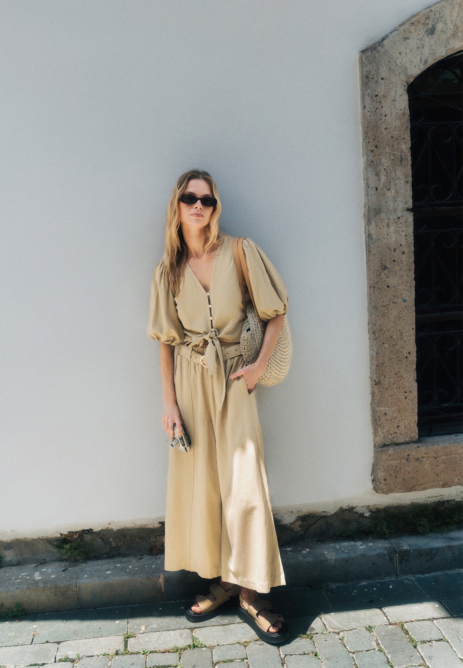 Elastic wide leg pants - OLIVE GRAY