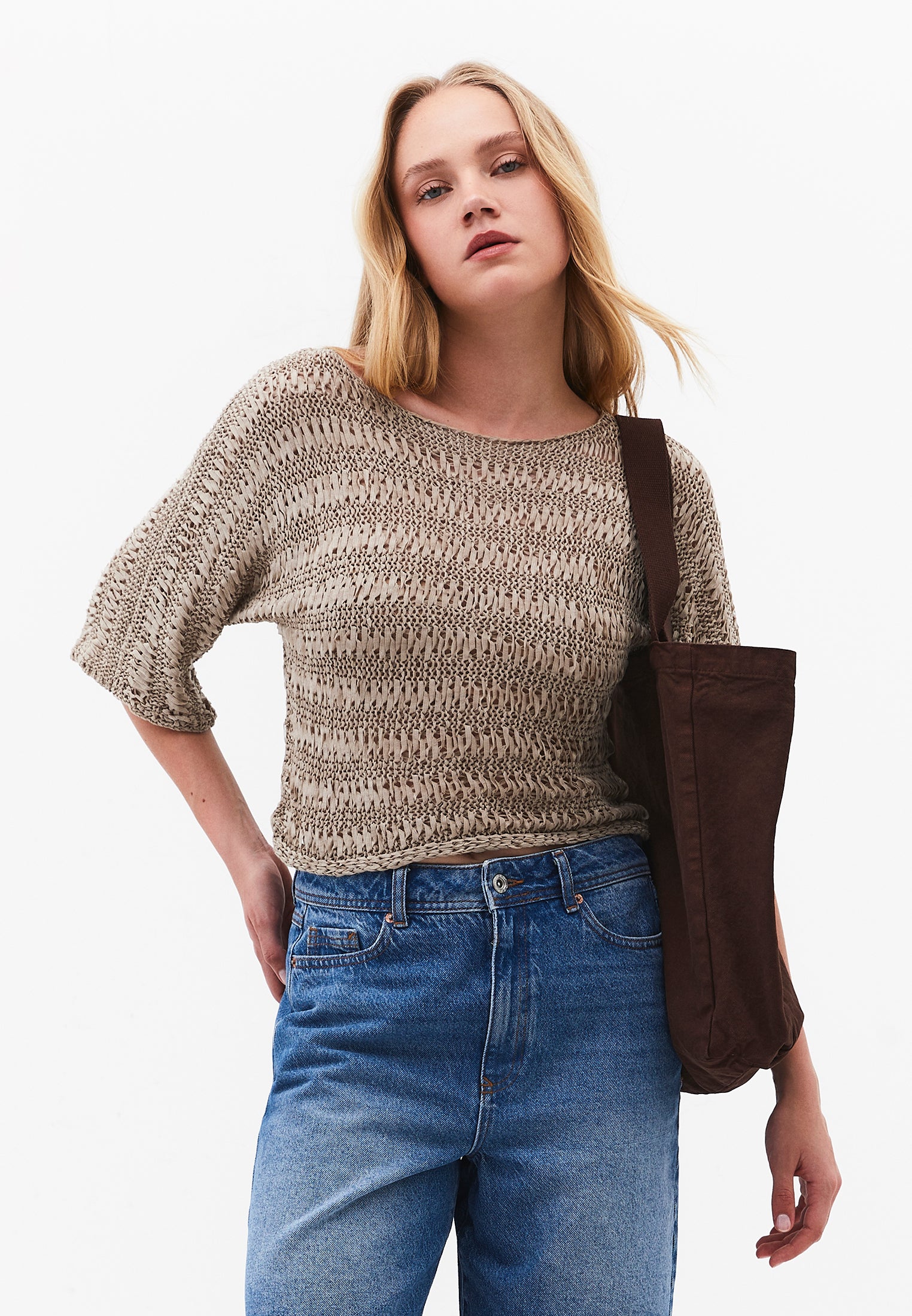 Openwork Batwing Sleeve Boat Neck Cropped Blouse - OXFORD TAN