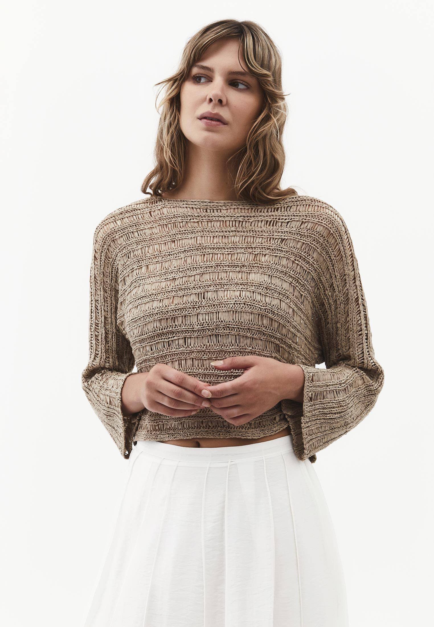 Openwork Boat Neck Long Sleeve Knit Sweater - OXFORD TAN