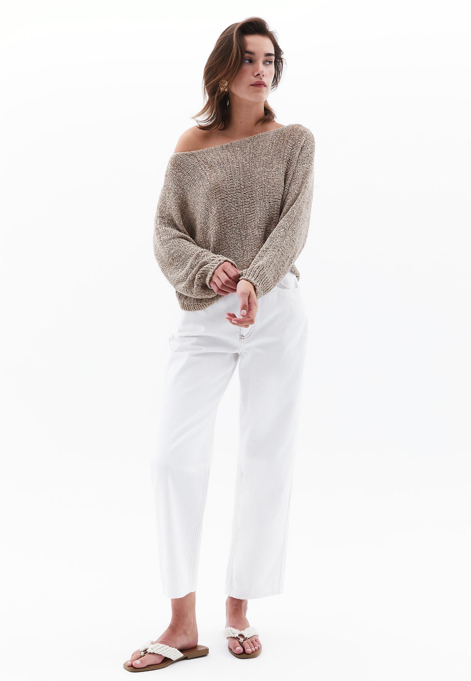 Boat Neck Batwing Sleeve Bouclé Sweater - OXFORD TAN