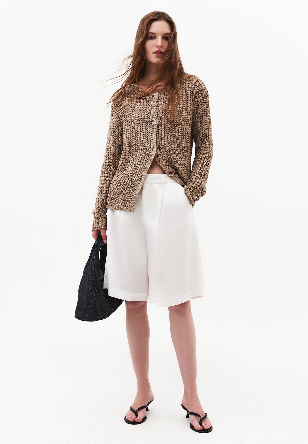 Openwork Boat Neck Long Sleeve Knit Cardigan - OXFORD TAN