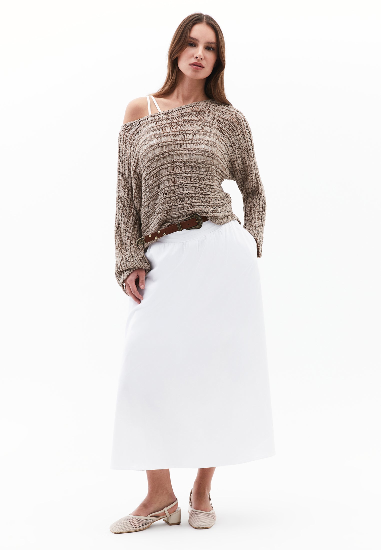 Ajour Standard Boat Neck Knit Sweater - OXFORD TAN