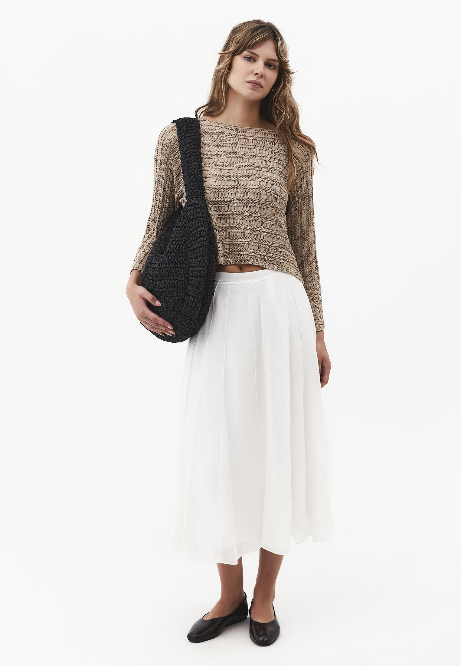 Openwork Boat Neck Long Sleeve Knit Sweater - OXFORD TAN