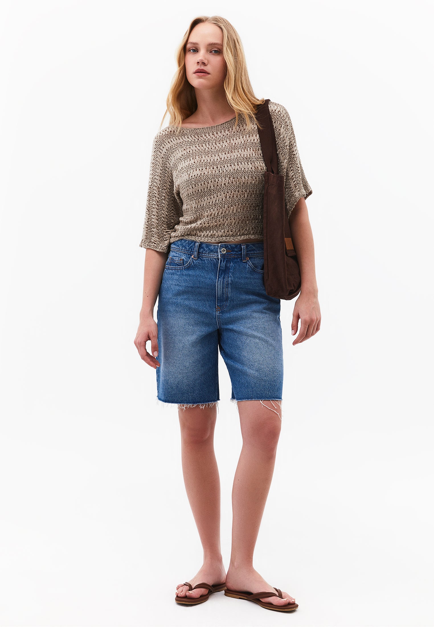Openwork Batwing Sleeve Boat Neck Cropped Blouse - OXFORD TAN