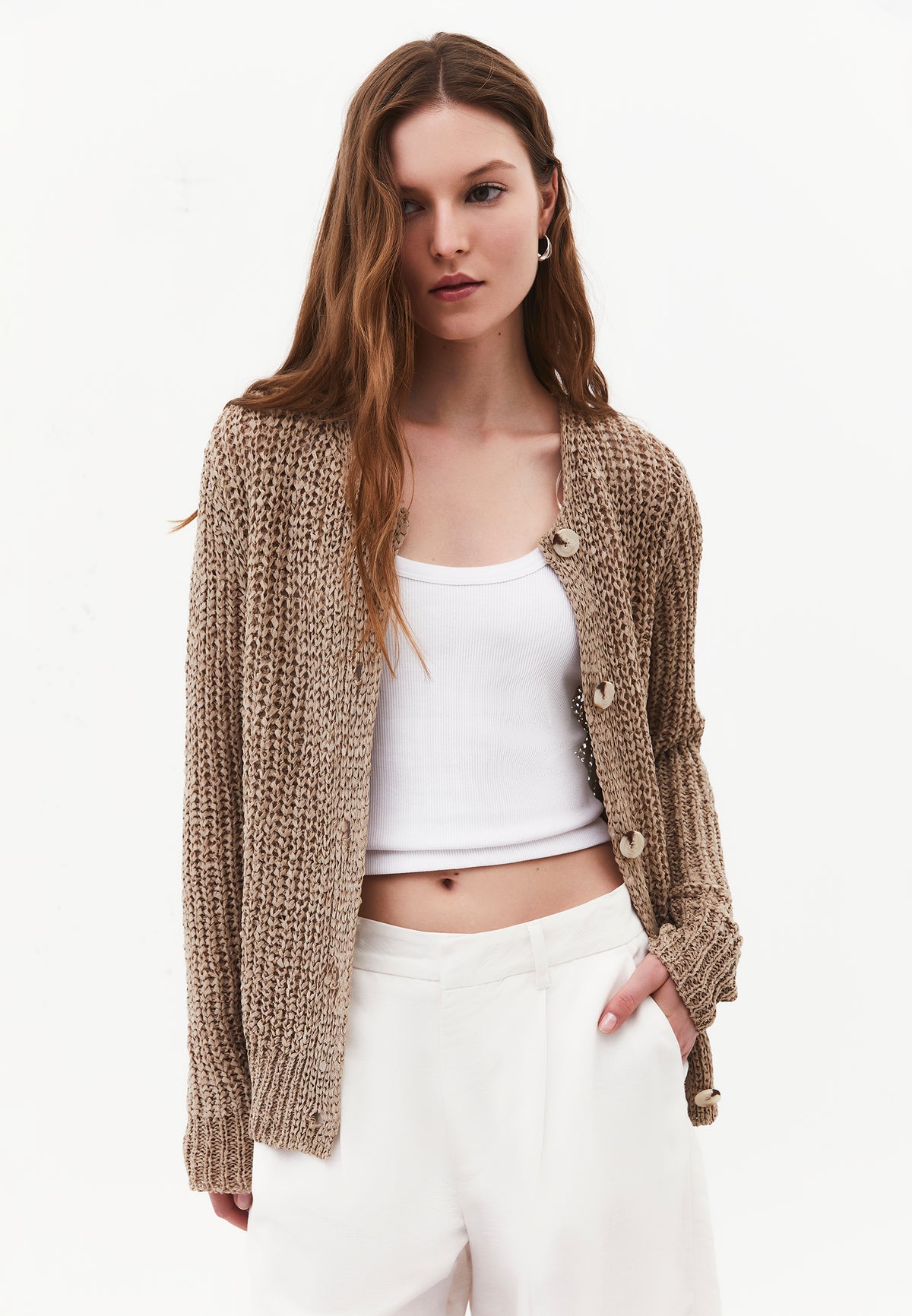 Openwork Boat Neck Long Sleeve Knit Cardigan - OXFORD TAN