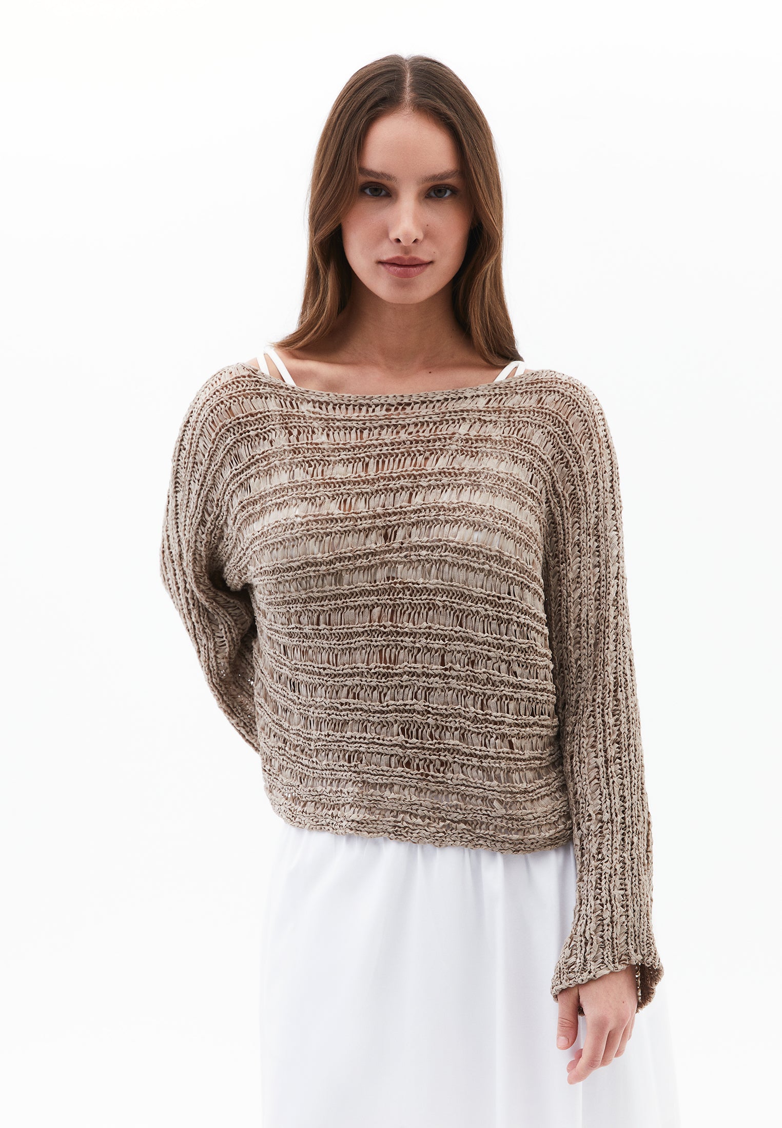 Ajour Standard Boat Neck Knit Sweater - OXFORD TAN