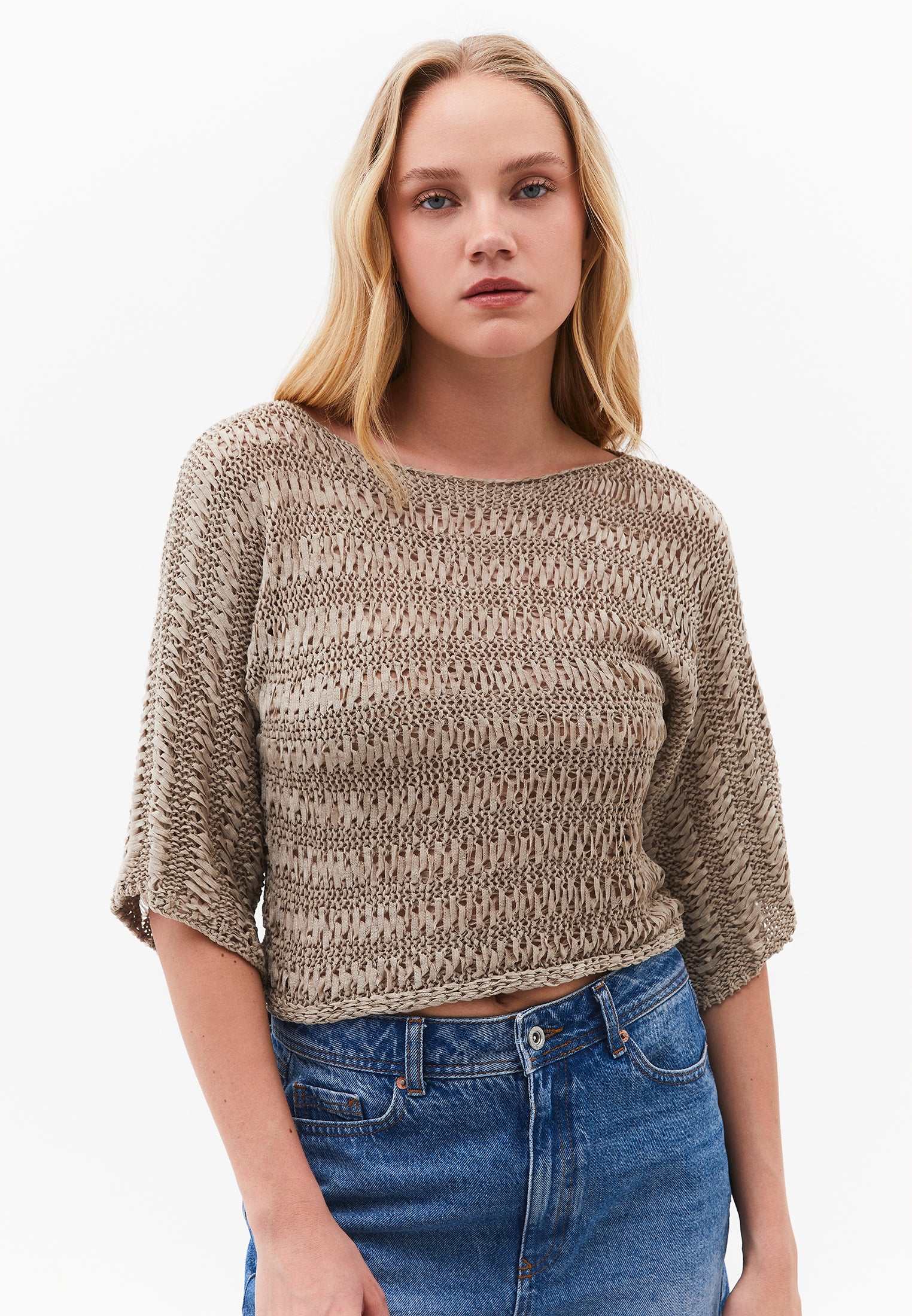 Openwork Batwing Sleeve Boat Neck Cropped Blouse - OXFORD TAN
