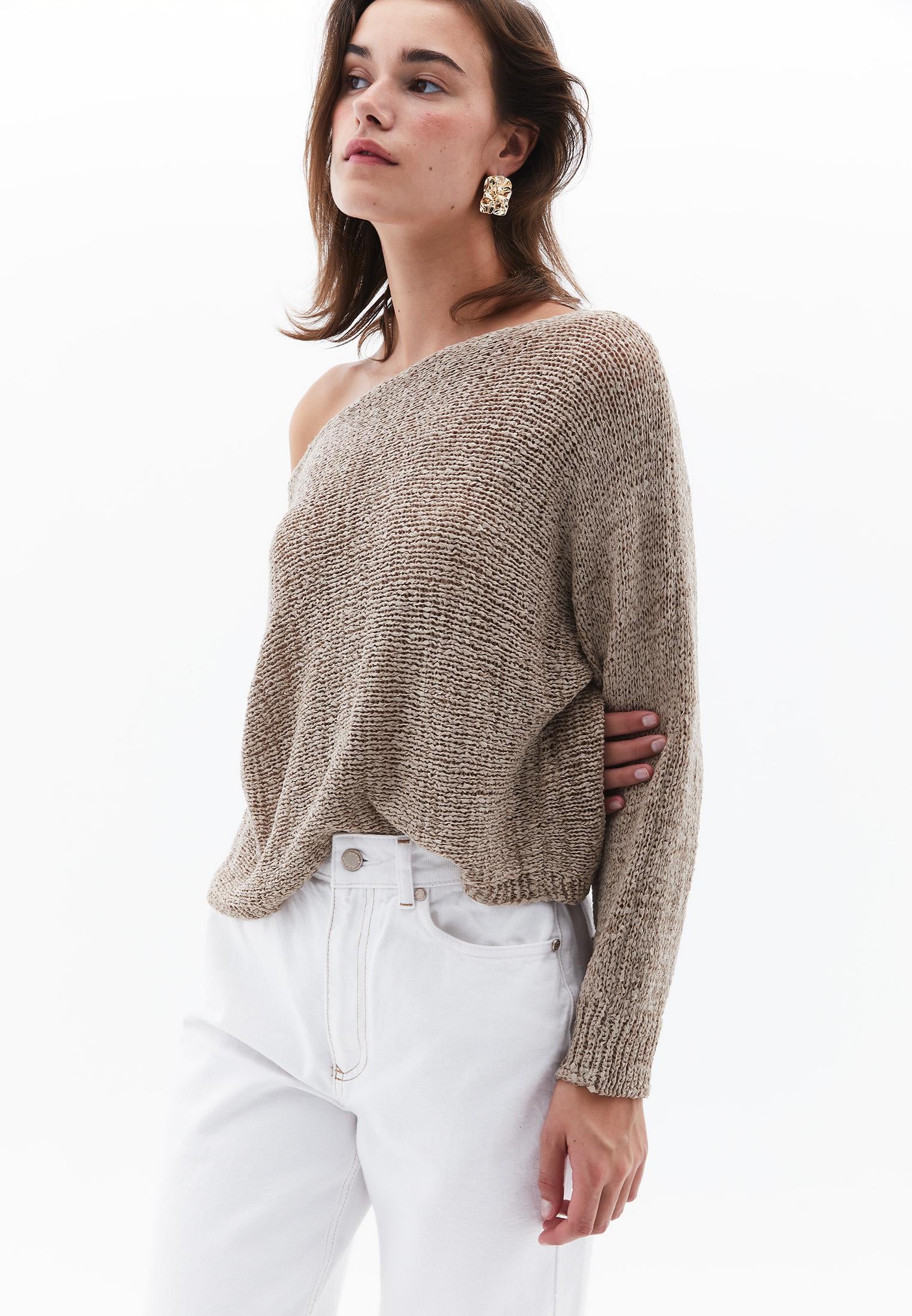 Boat Neck Batwing Sleeve Bouclé Sweater - OXFORD TAN