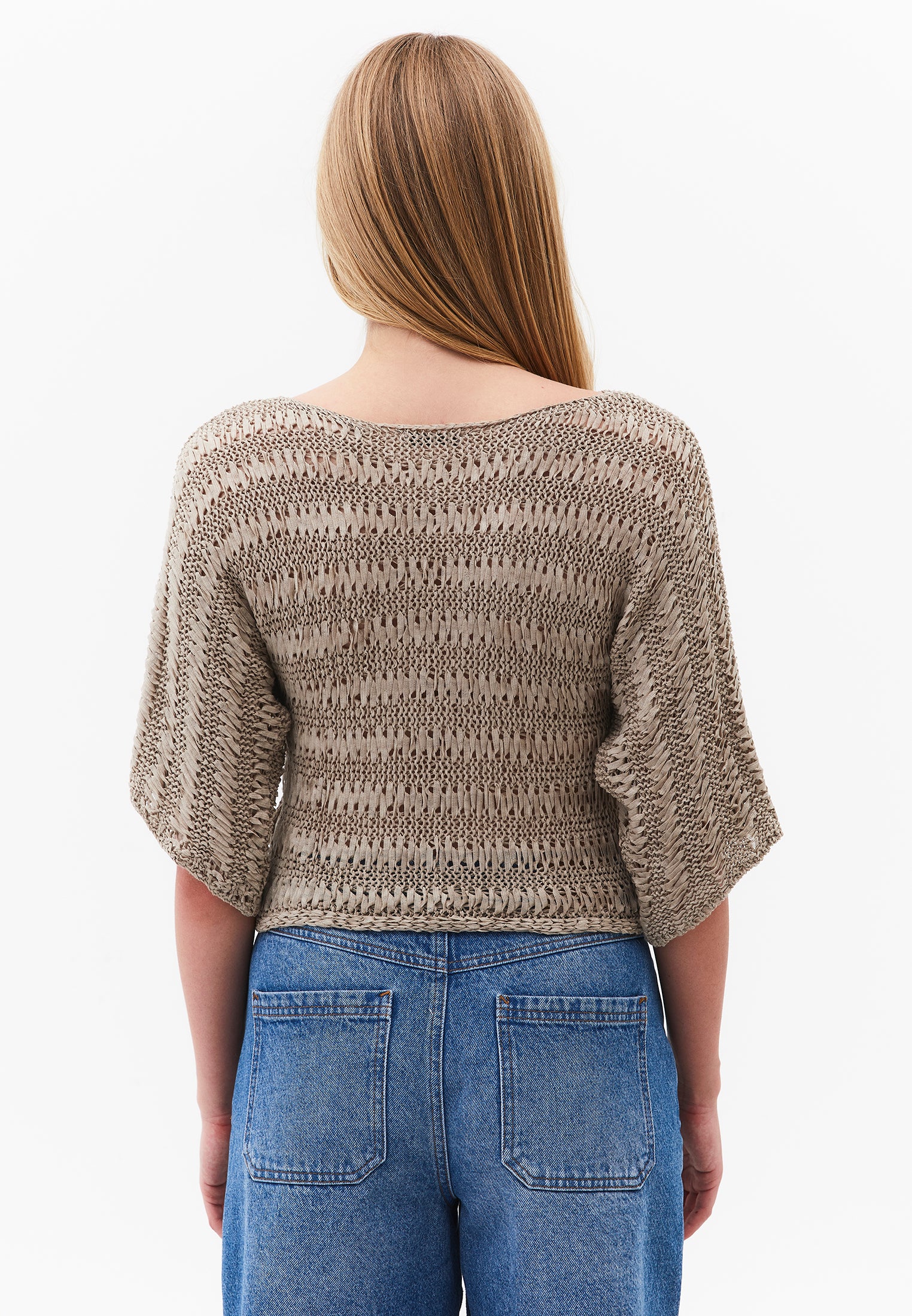 Openwork Batwing Sleeve Boat Neck Cropped Blouse - OXFORD TAN