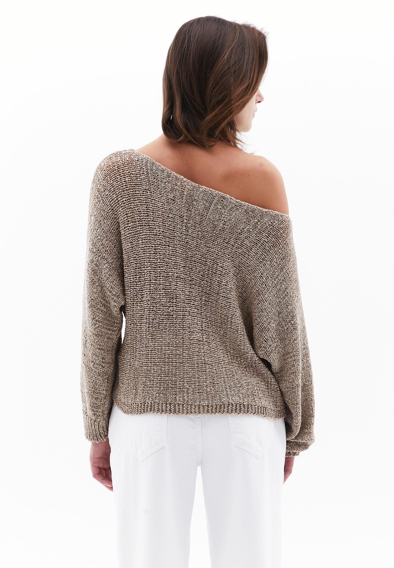 Boat Neck Batwing Sleeve Bouclé Sweater - OXFORD TAN