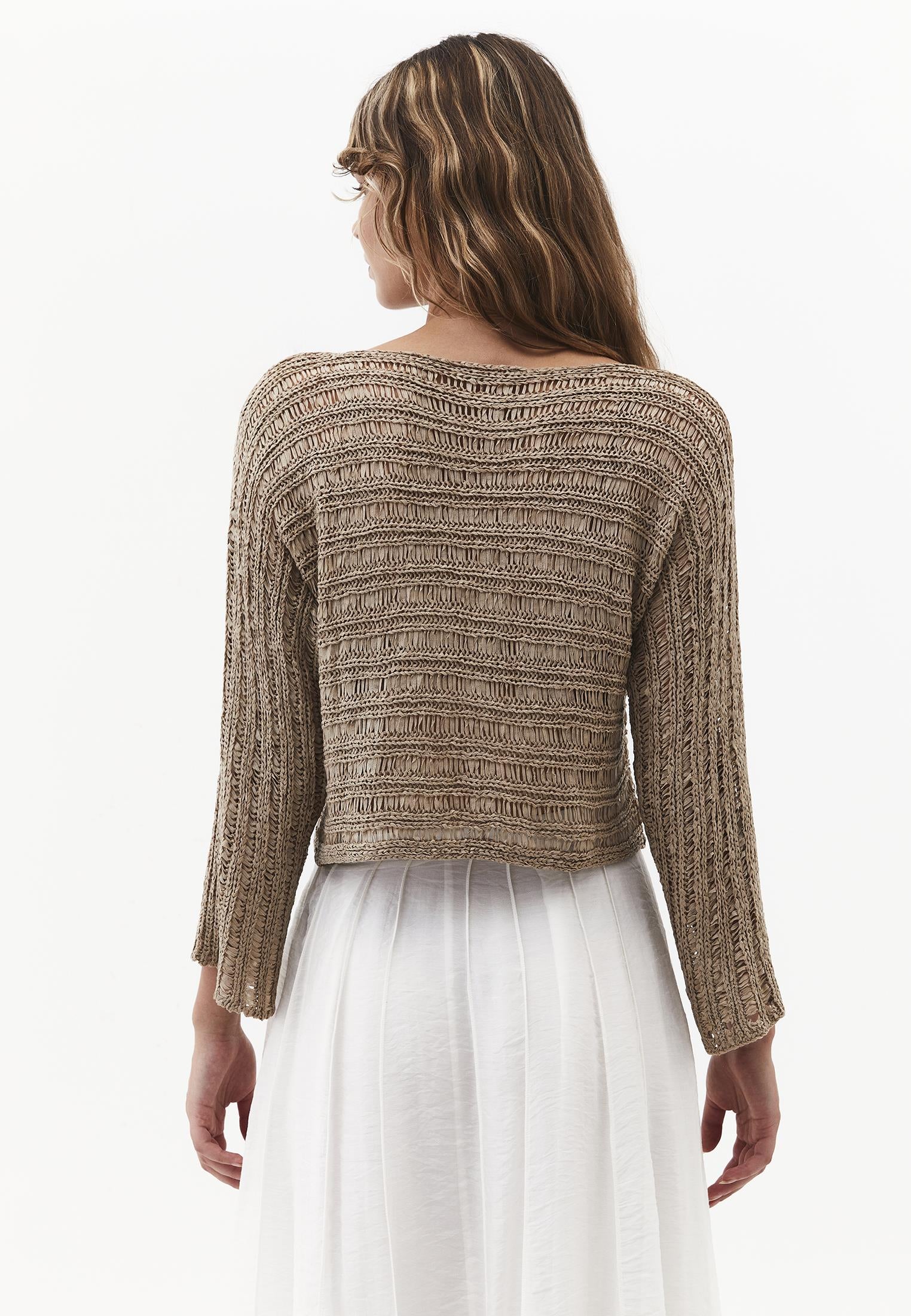 Openwork Boat Neck Long Sleeve Knit Sweater - OXFORD TAN