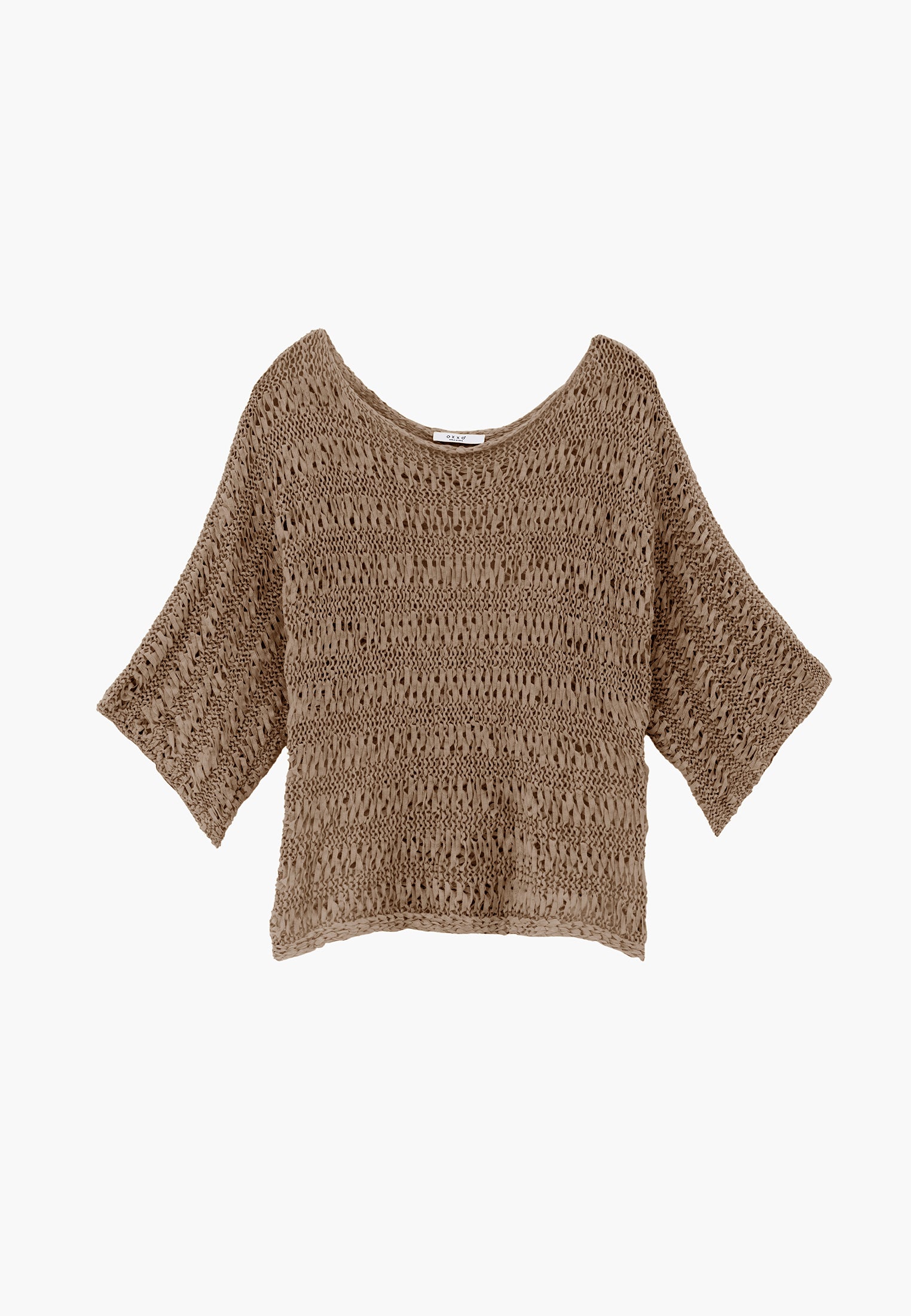 Openwork Batwing Sleeve Boat Neck Cropped Blouse - OXFORD TAN