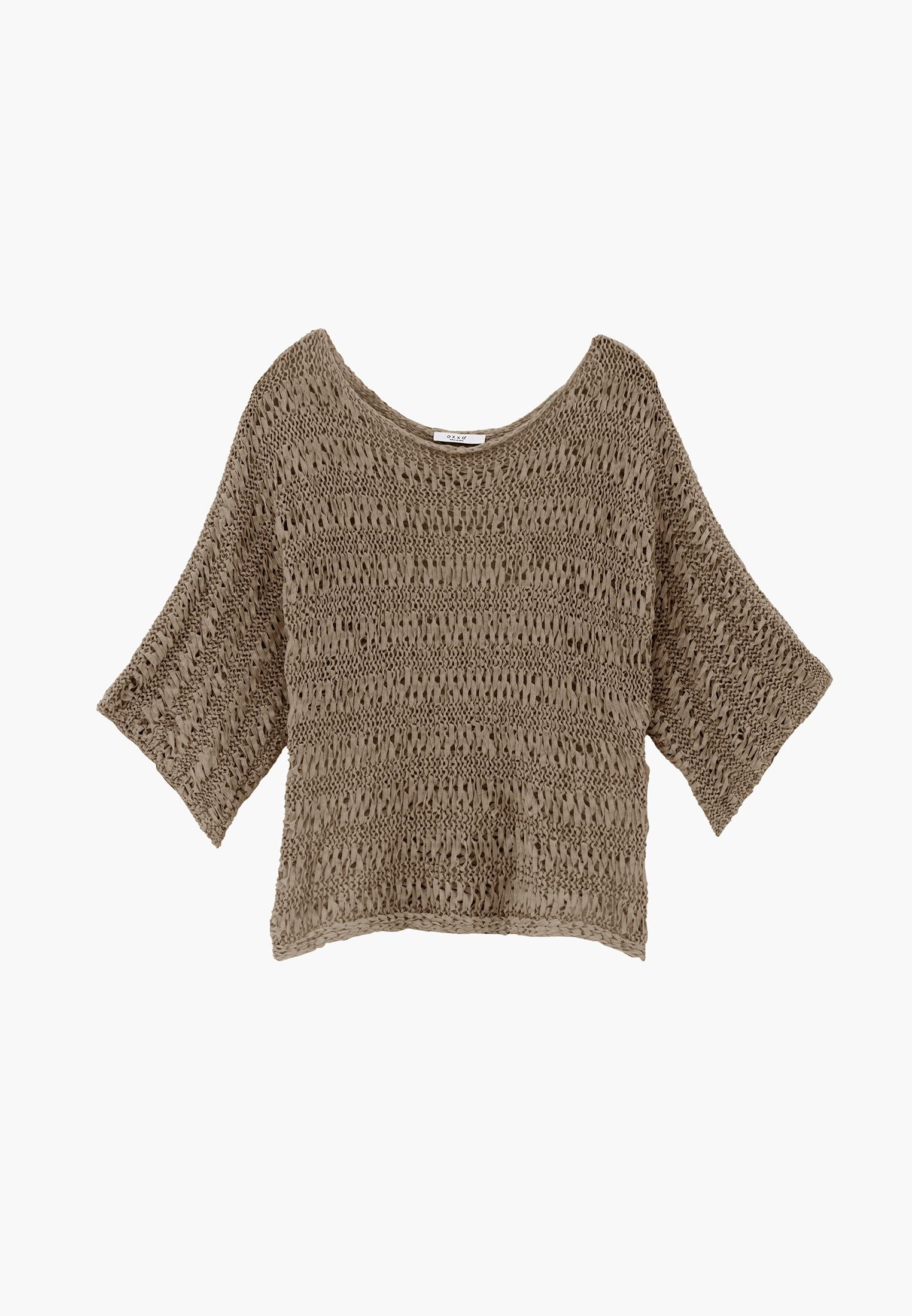 Openwork Batwing Sleeve Boat Neck Cropped Blouse - OXFORD TAN