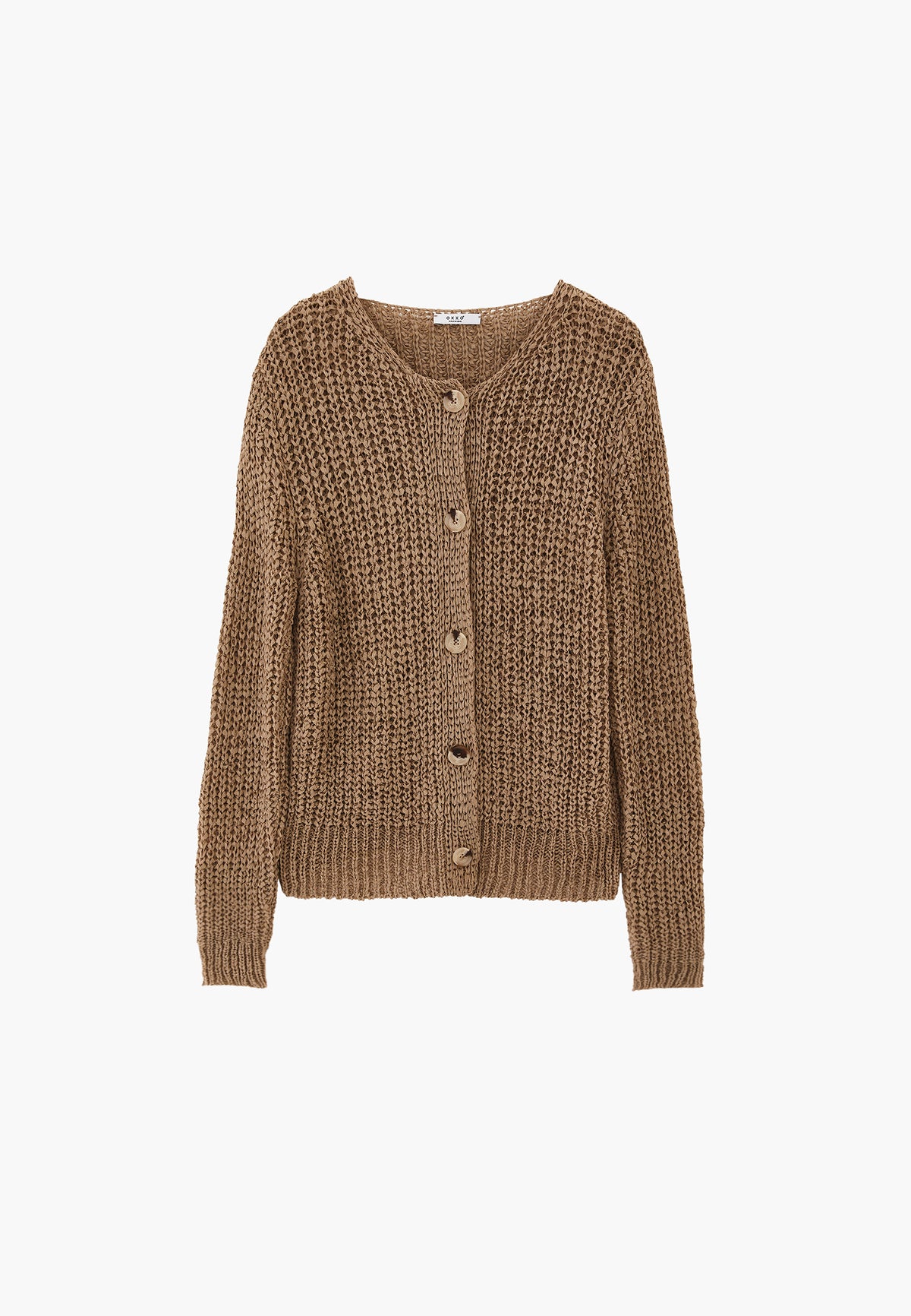 Openwork Boat Neck Long Sleeve Knit Cardigan - OXFORD TAN