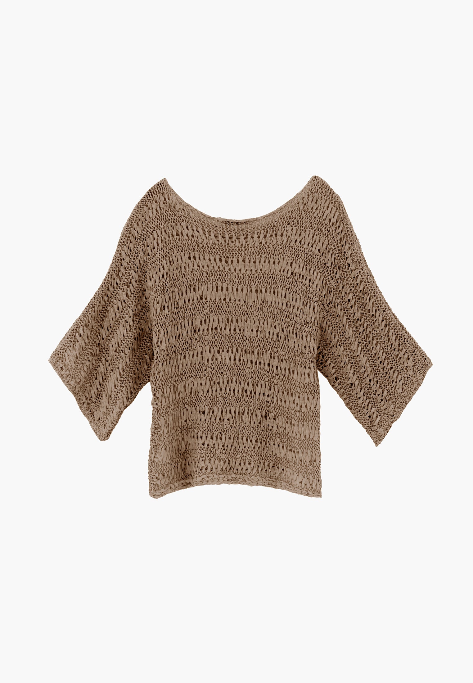 Openwork Batwing Sleeve Boat Neck Cropped Blouse - OXFORD TAN