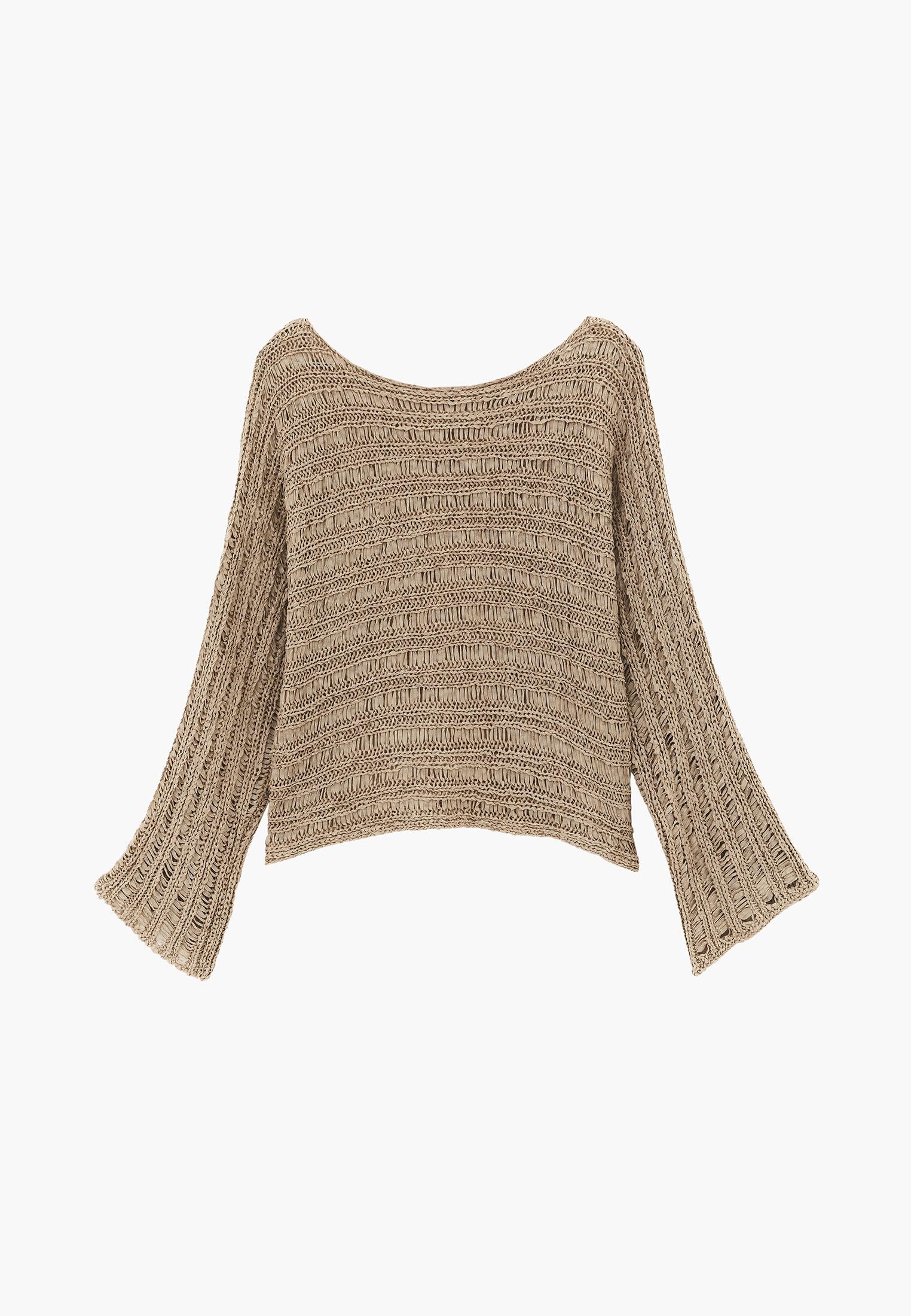 Openwork Boat Neck Long Sleeve Knit Sweater - OXFORD TAN