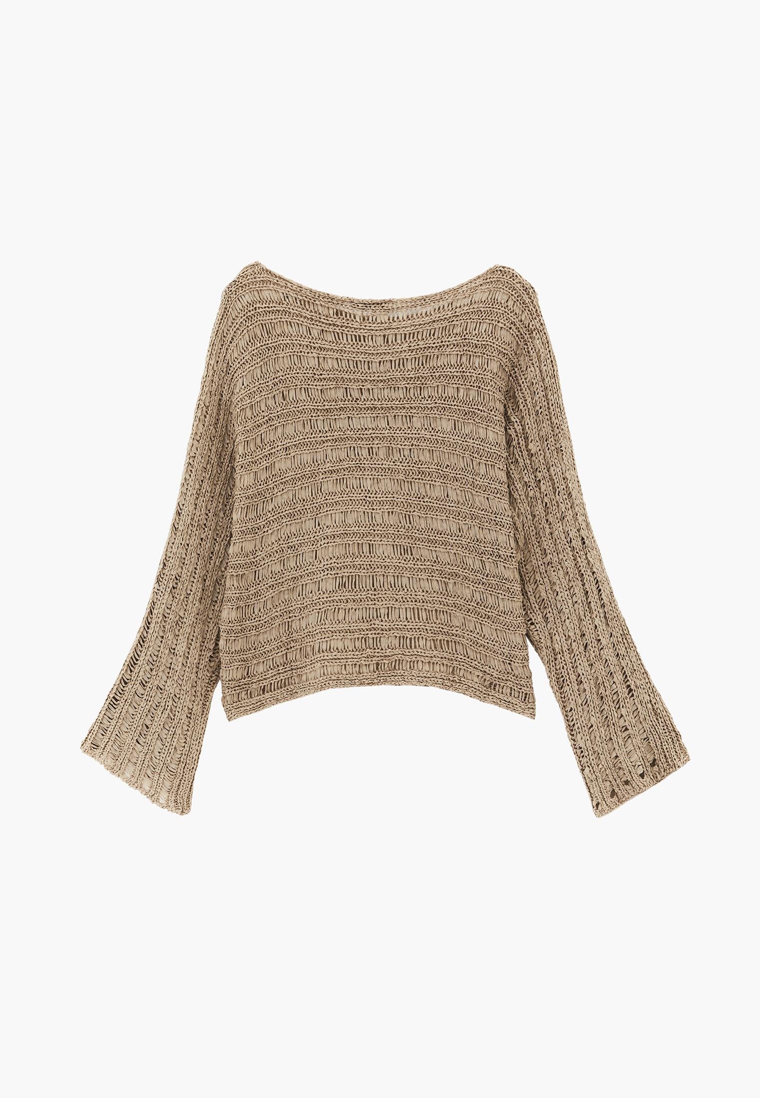 Openwork Boat Neck Long Sleeve Knit Sweater - OXFORD TAN
