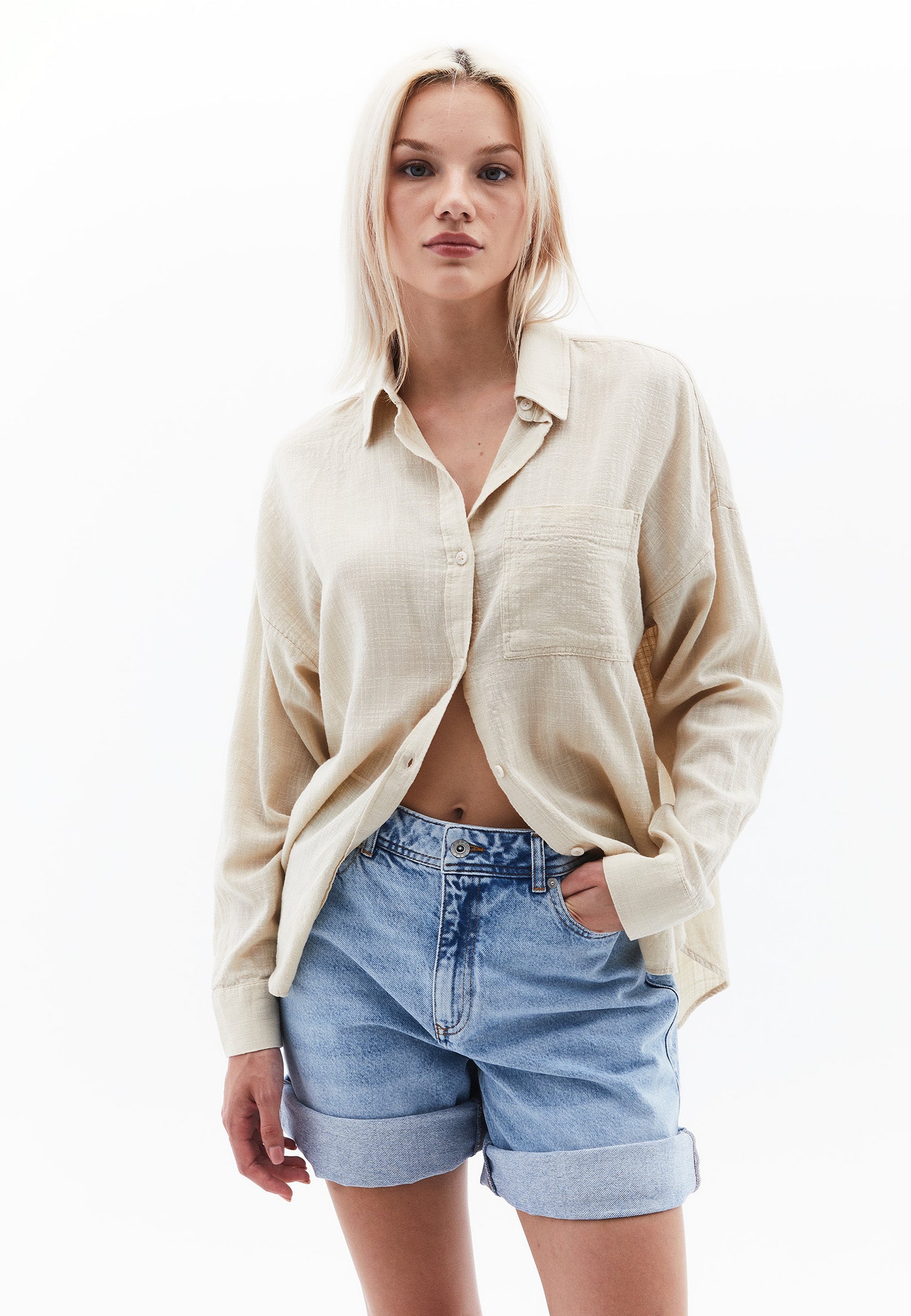 Button Detailed Oversize Long Sleeve Shirt - PEYOTE
