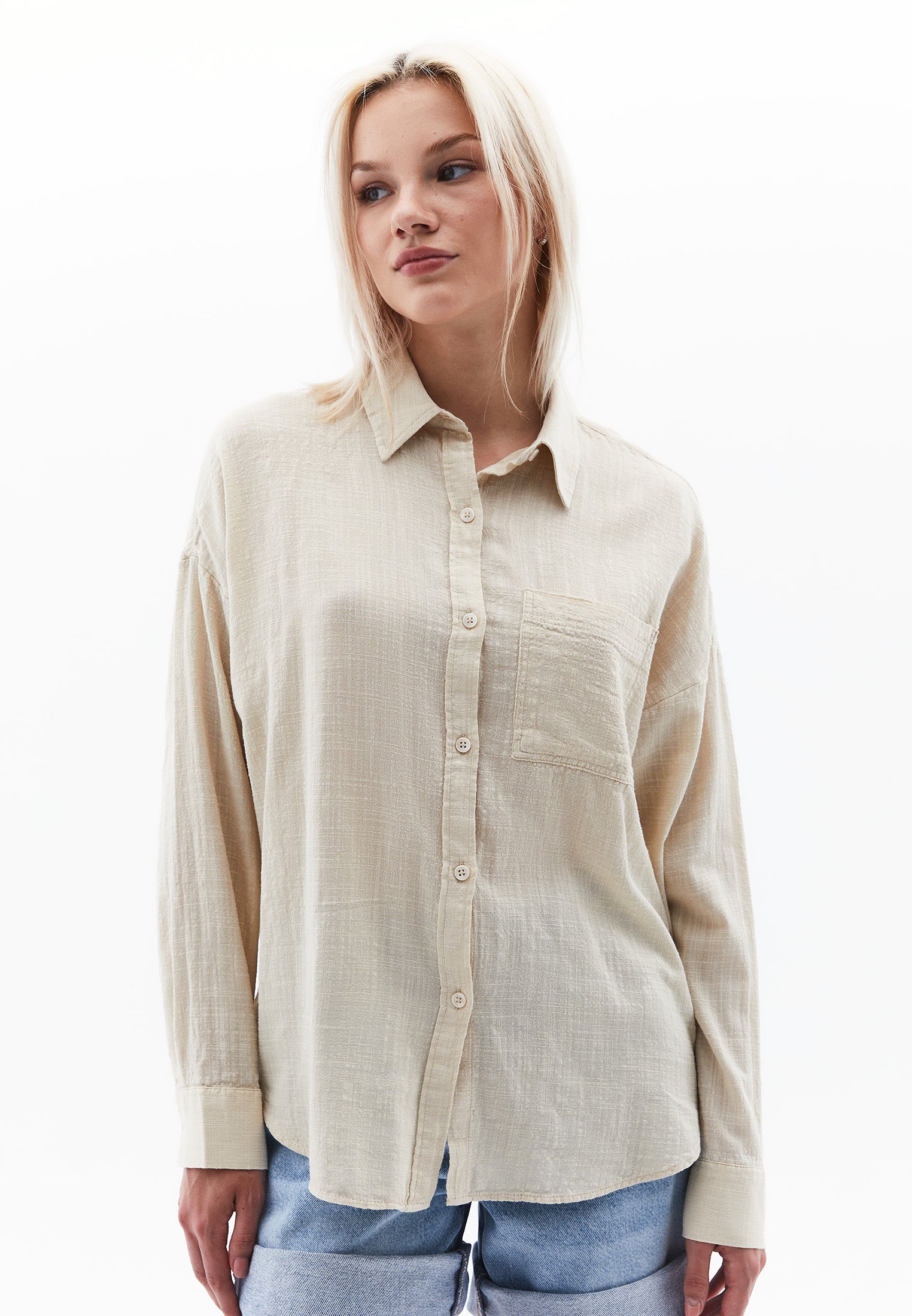 Button Detailed Oversize Long Sleeve Shirt - PEYOTE