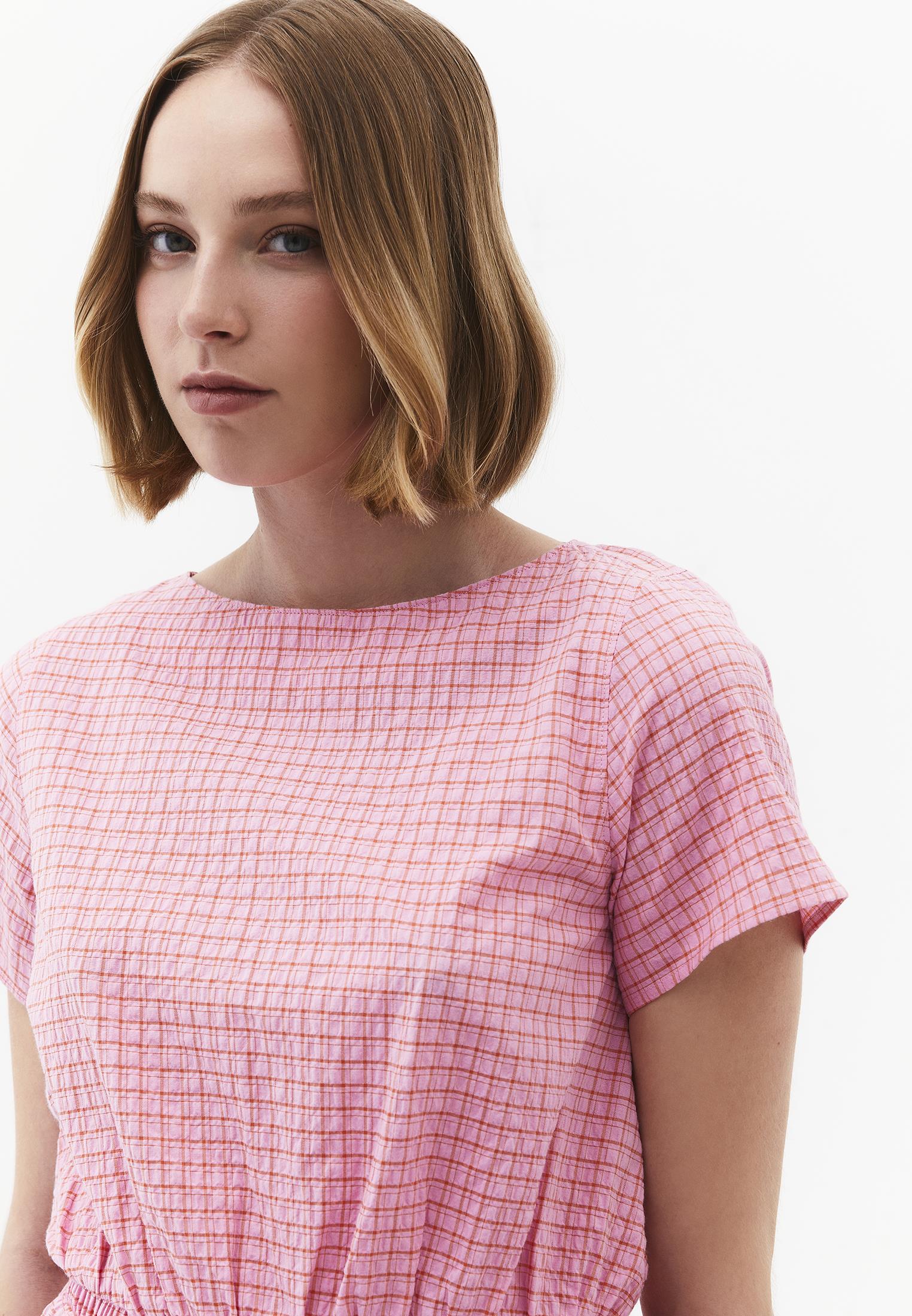 High Neck Plaid Short Sleeve Blouse - PINK PLAID COMB