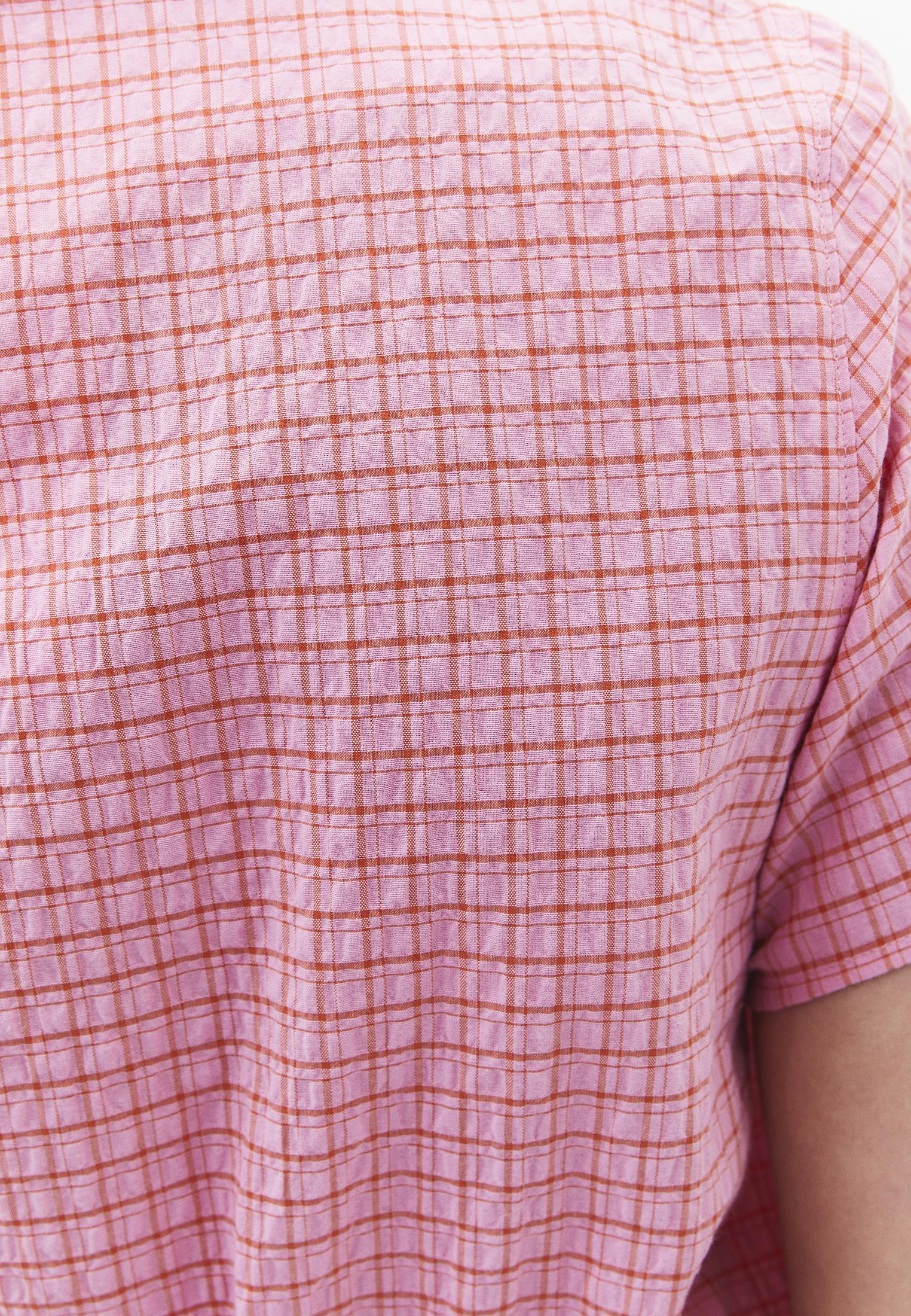 High Neck Plaid Short Sleeve Blouse - PINK PLAID COMB