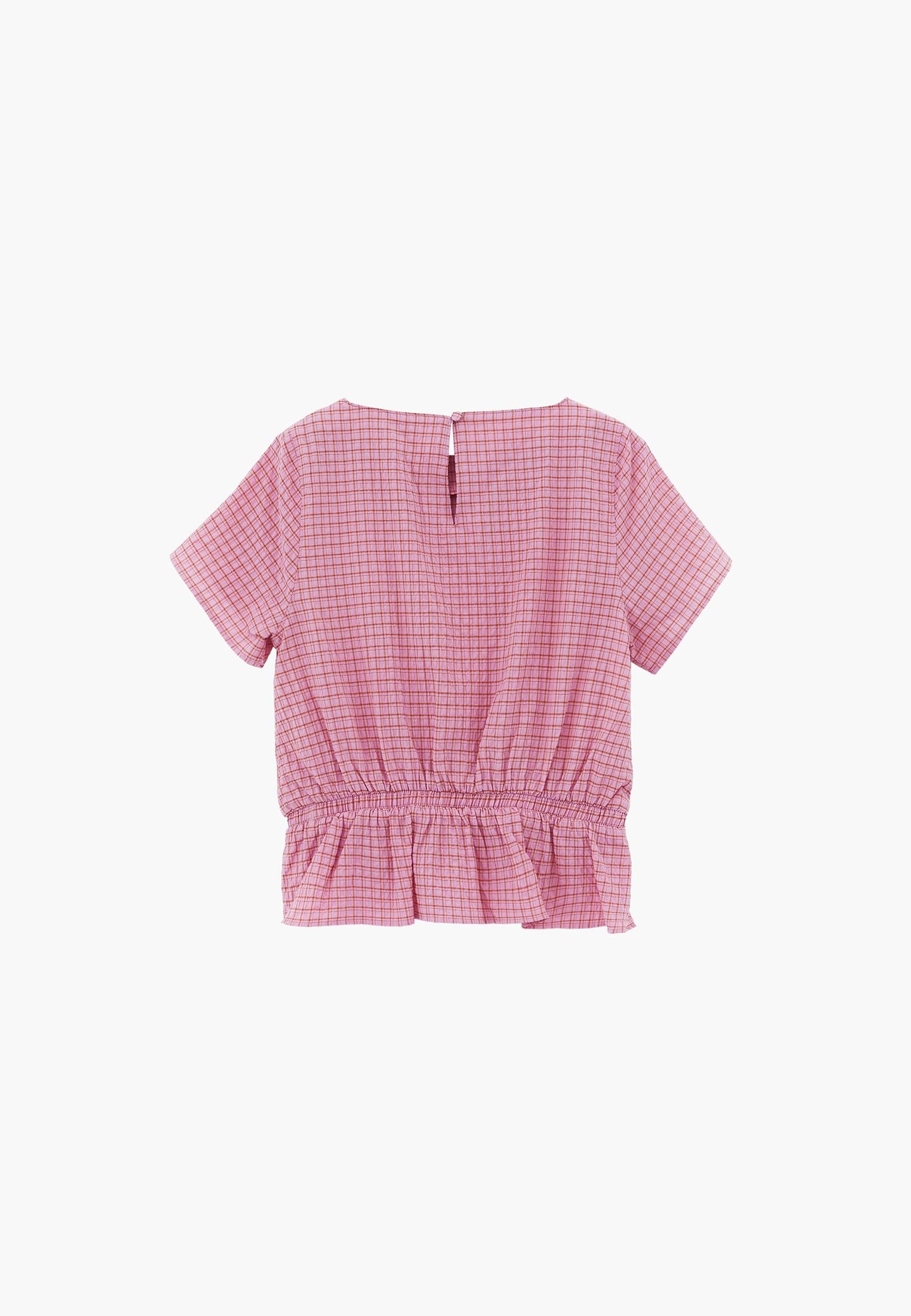 High Neck Plaid Short Sleeve Blouse - PINK PLAID COMB