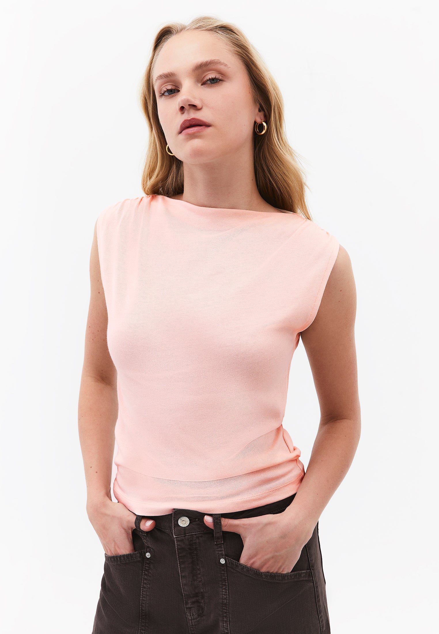 Gathered Boat Neck Tank Top - PINK SALT