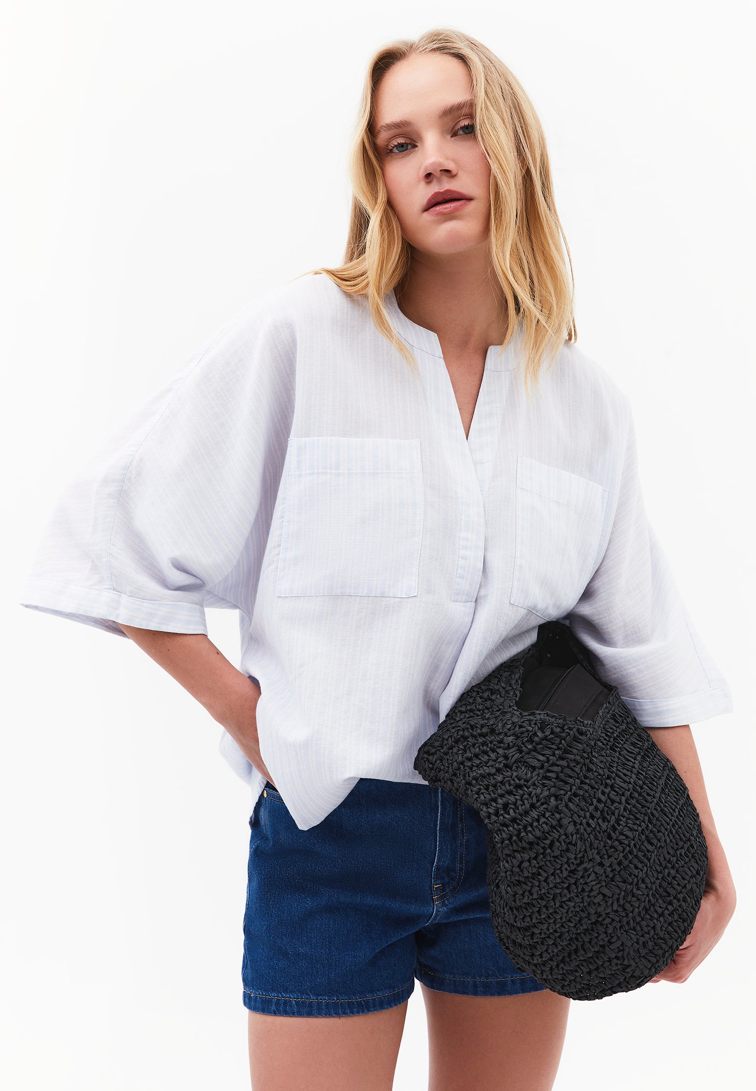 Oversized Shirt With Mandarin Collar And Pocket Detail - PLACID BLUE STRIPE