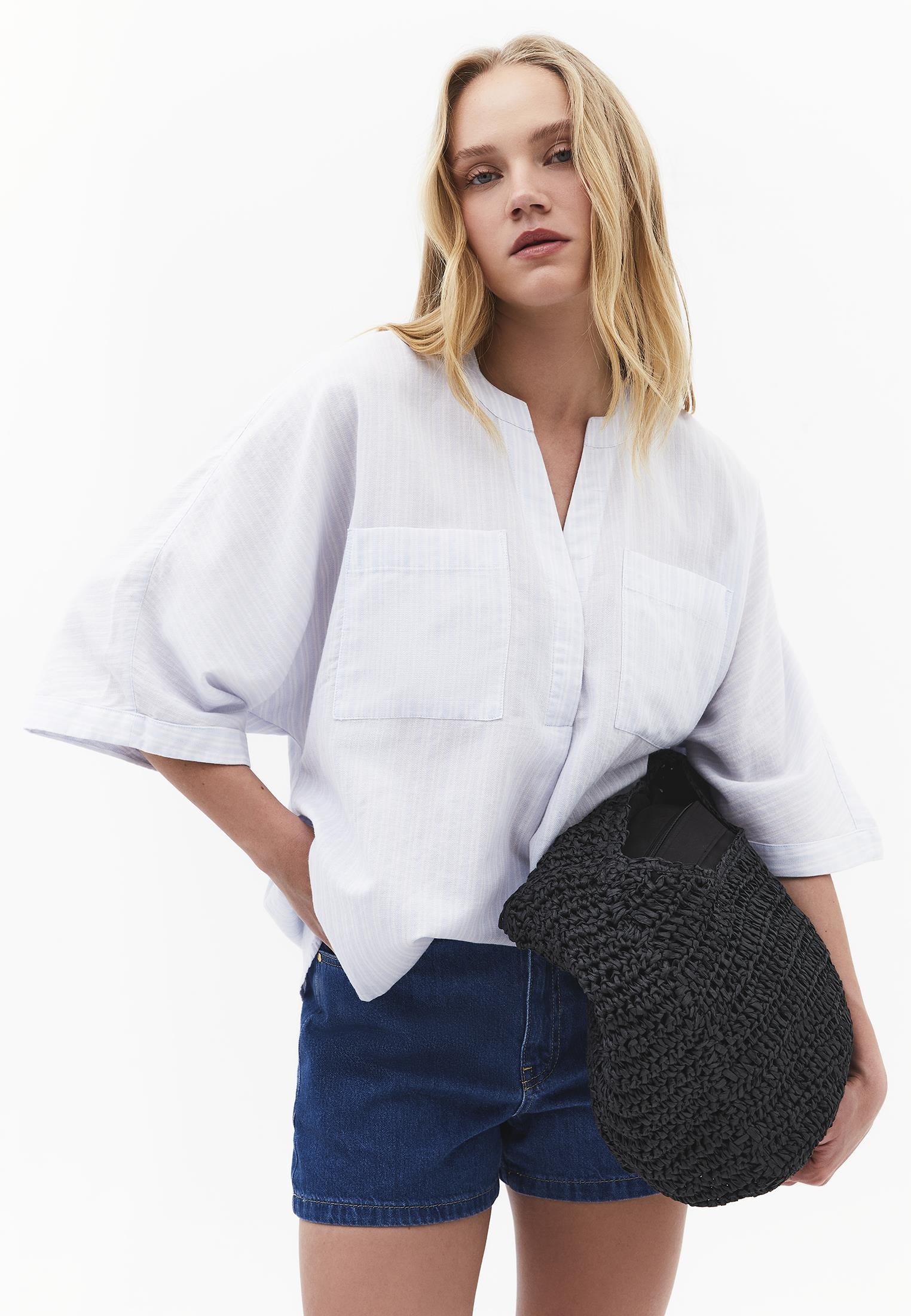 Oversized Shirt With Mandarin Collar And Pocket Detail - PLACID BLUE STRIPE
