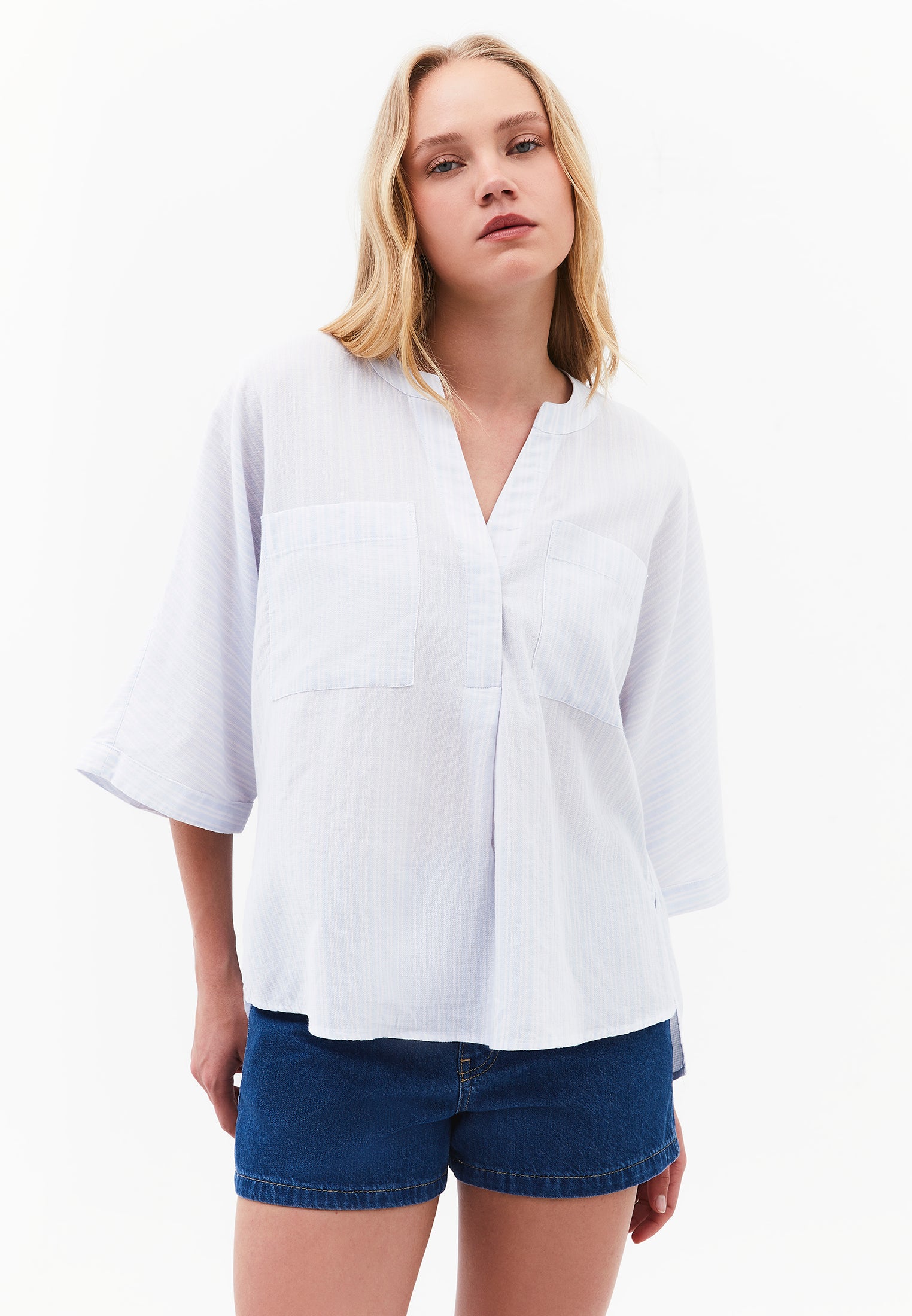 Oversized Shirt With Mandarin Collar And Pocket Detail - PLACID BLUE STRIPE