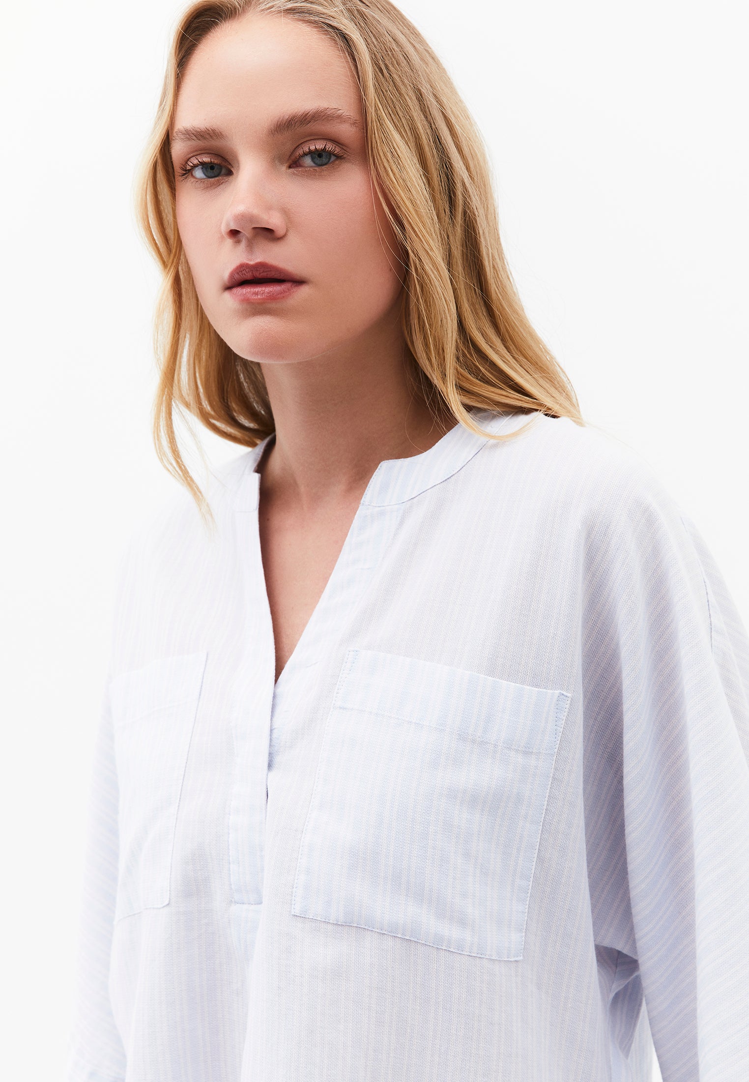Oversized Shirt With Mandarin Collar And Pocket Detail - PLACID BLUE STRIPE