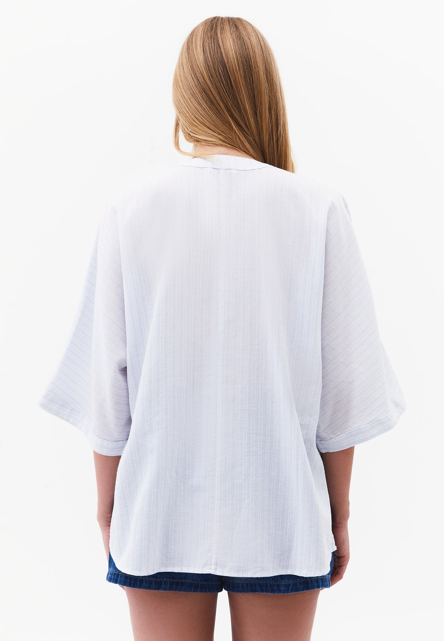 Oversized Shirt With Mandarin Collar And Pocket Detail - PLACID BLUE STRIPE