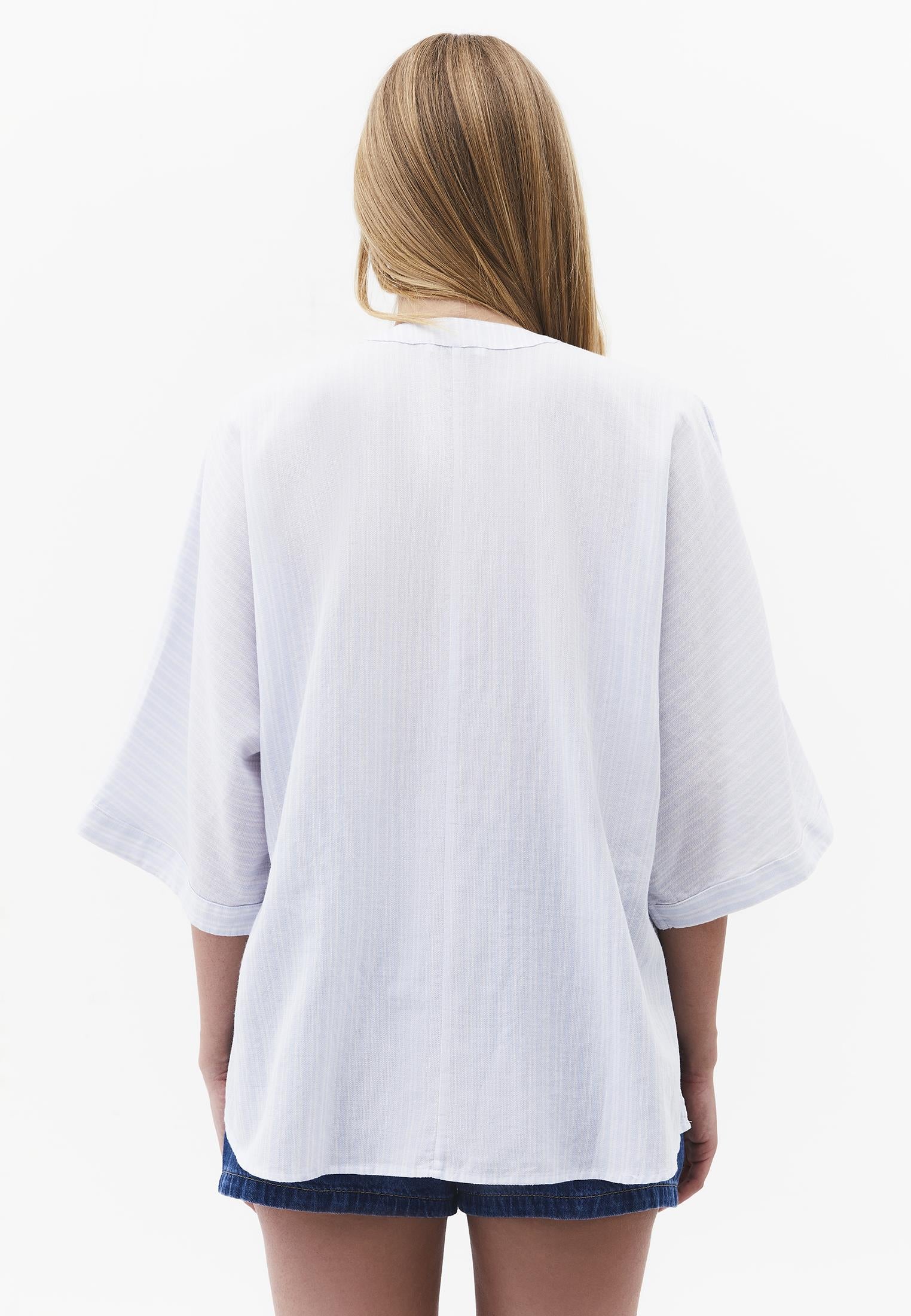 Oversized Shirt With Mandarin Collar And Pocket Detail - PLACID BLUE STRIPE