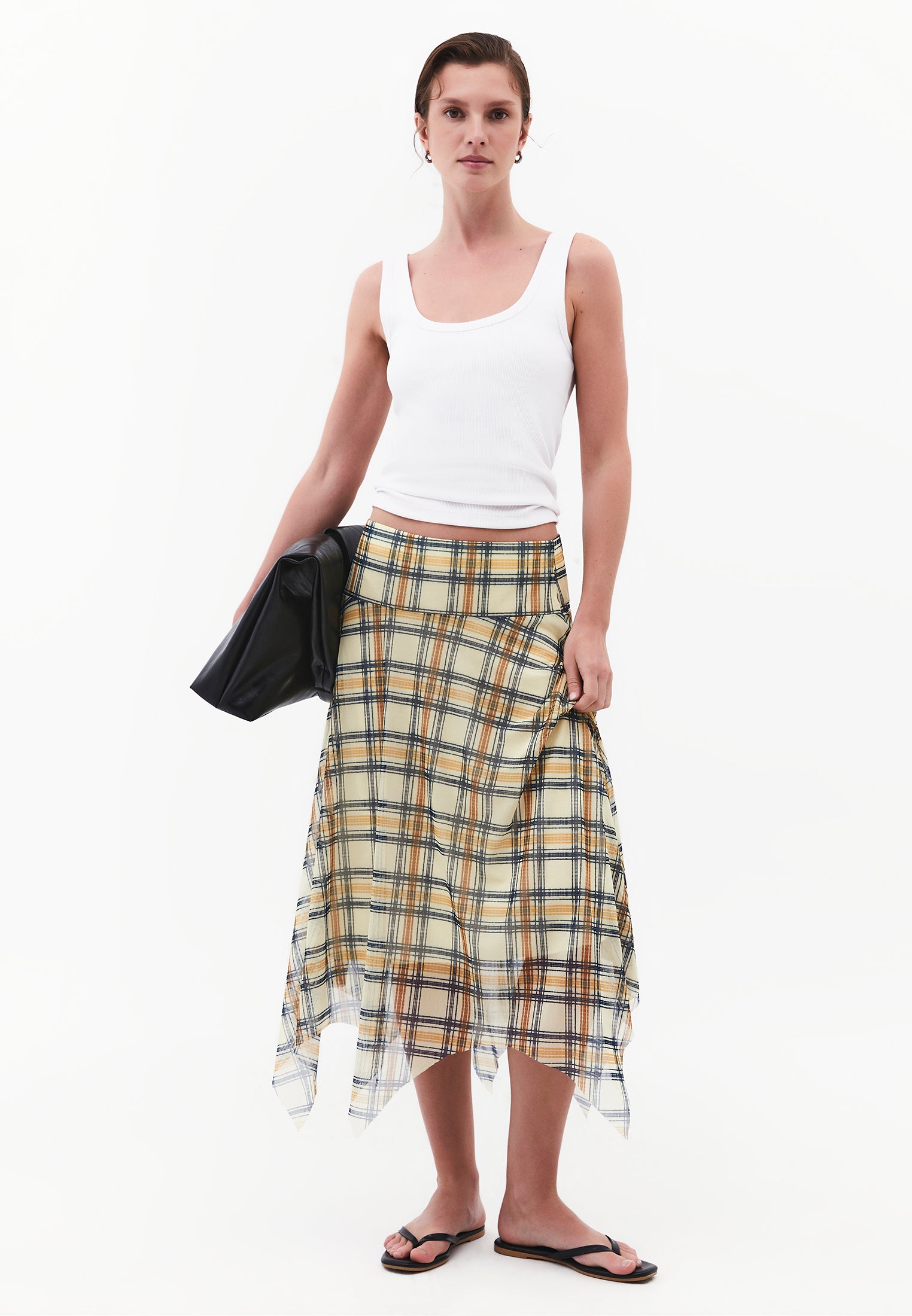 Asymmetric Midi Skirt - PLAID COMB