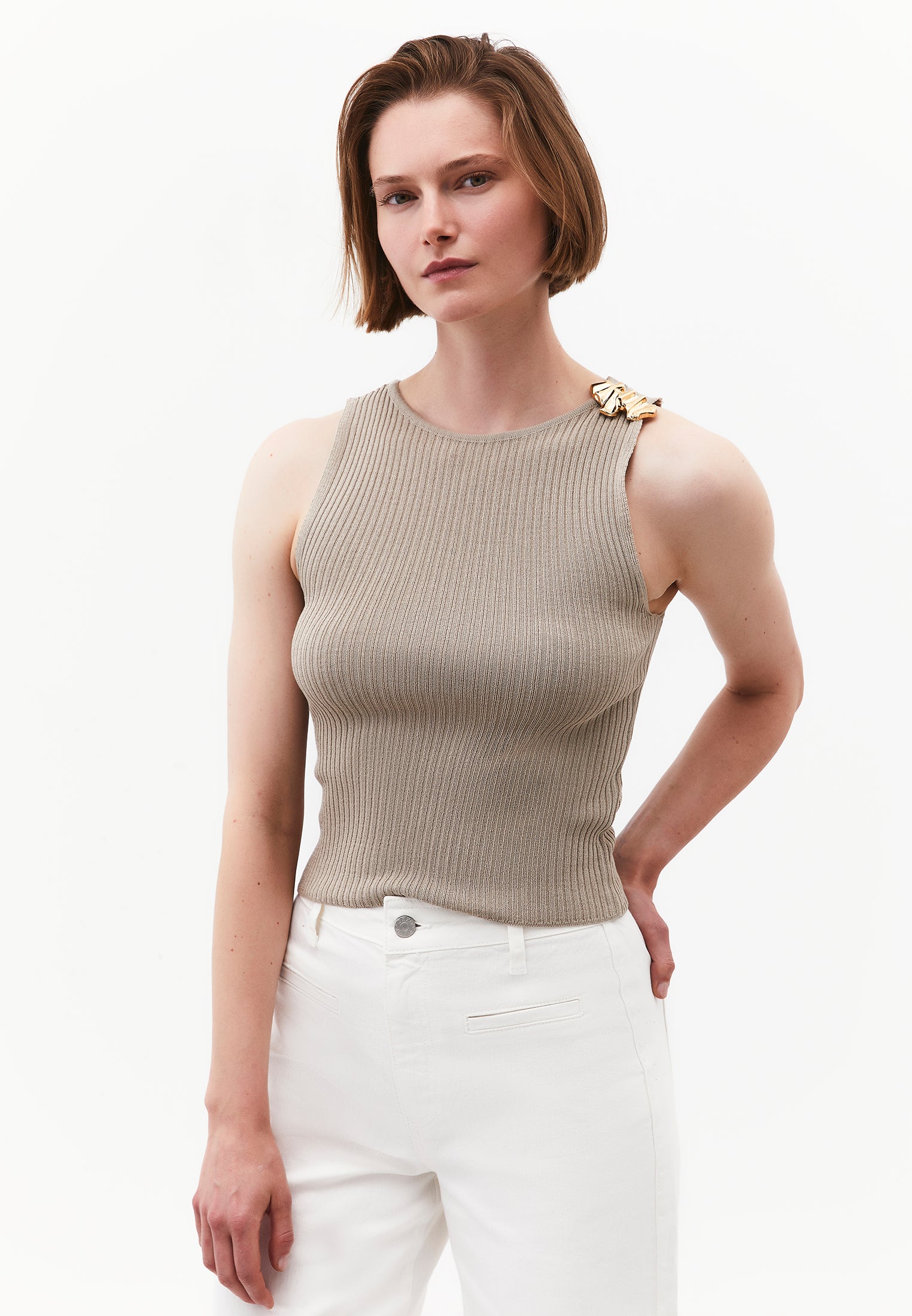 Ribbed Tank Top With Boat Neck - PLAZA TAUPE