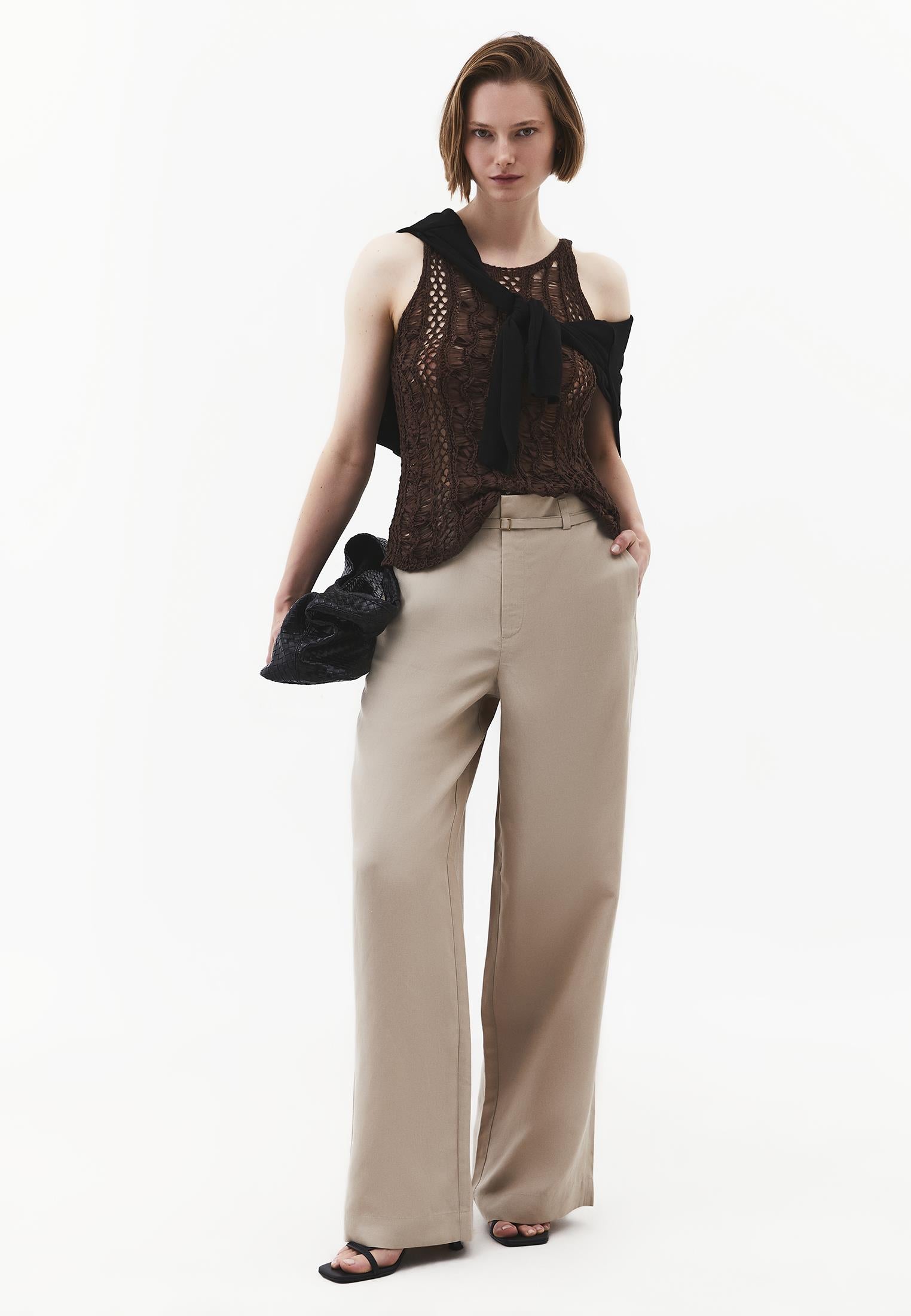 Straight Leg Pants With Belt Detail - PLAZA TAUPE