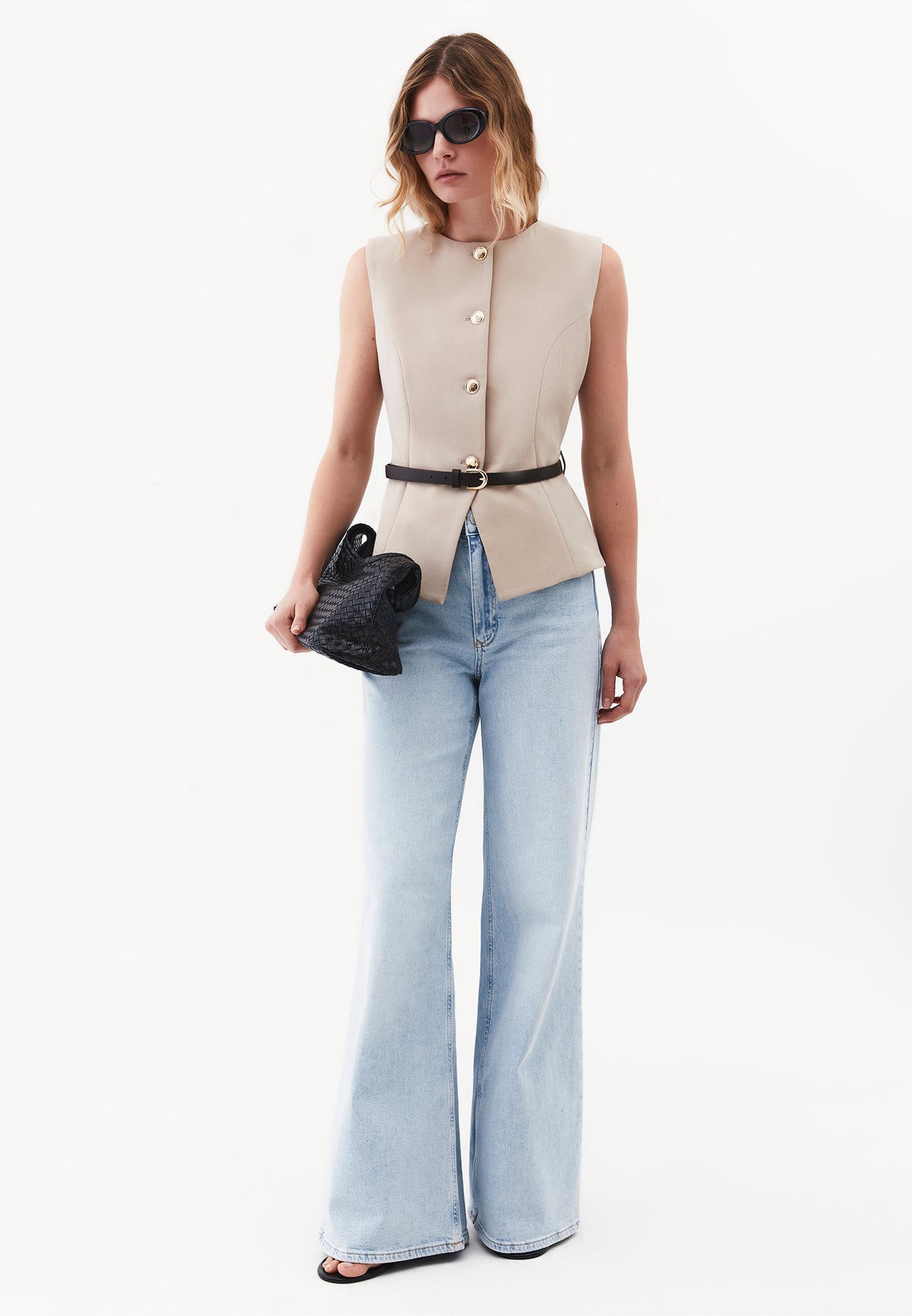 Closed Vest with Belt and Button Details - PLAZA TAUPE