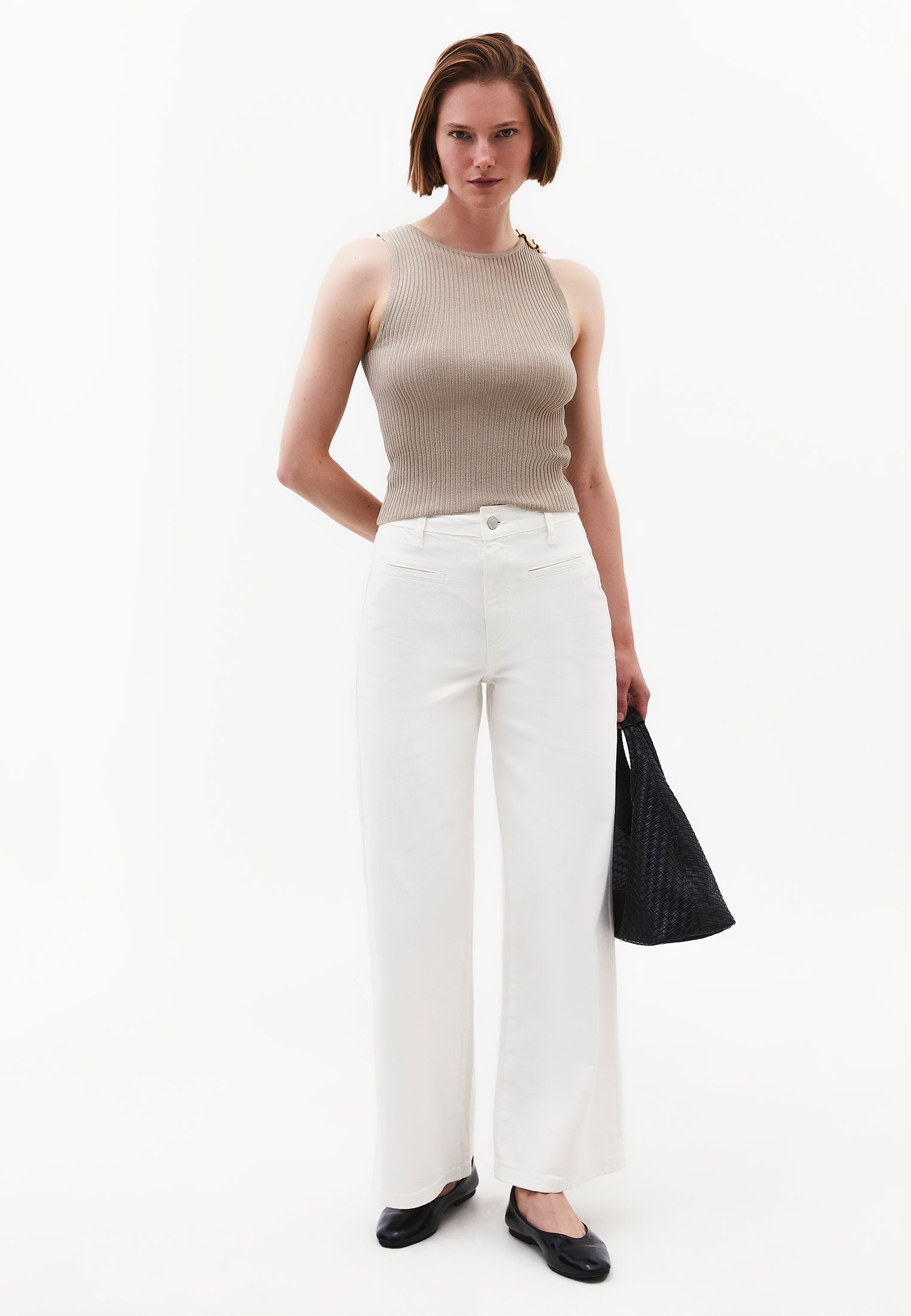 Ribbed Tank Top With Boat Neck - PLAZA TAUPE