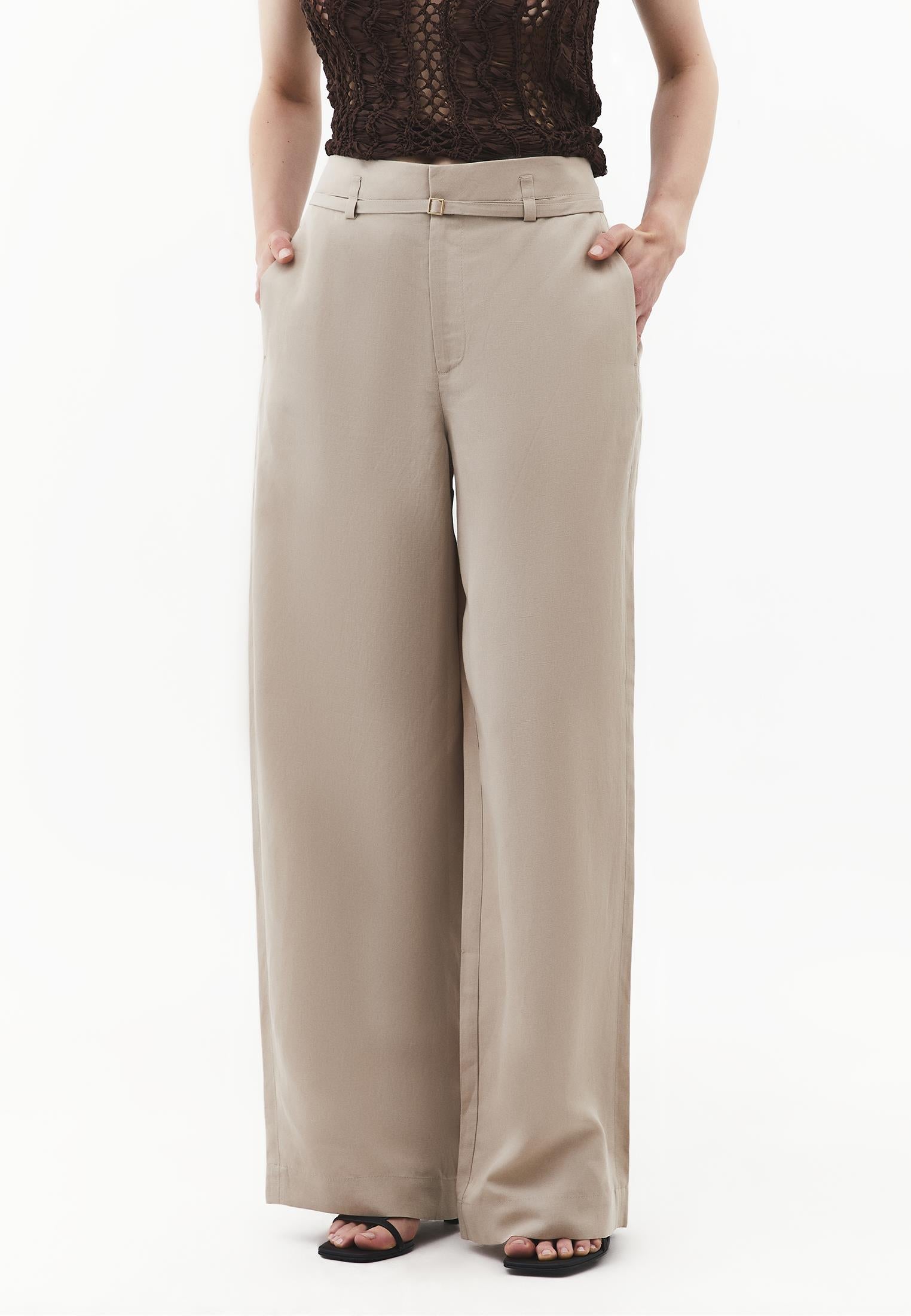 Straight Leg Pants With Belt Detail - PLAZA TAUPE