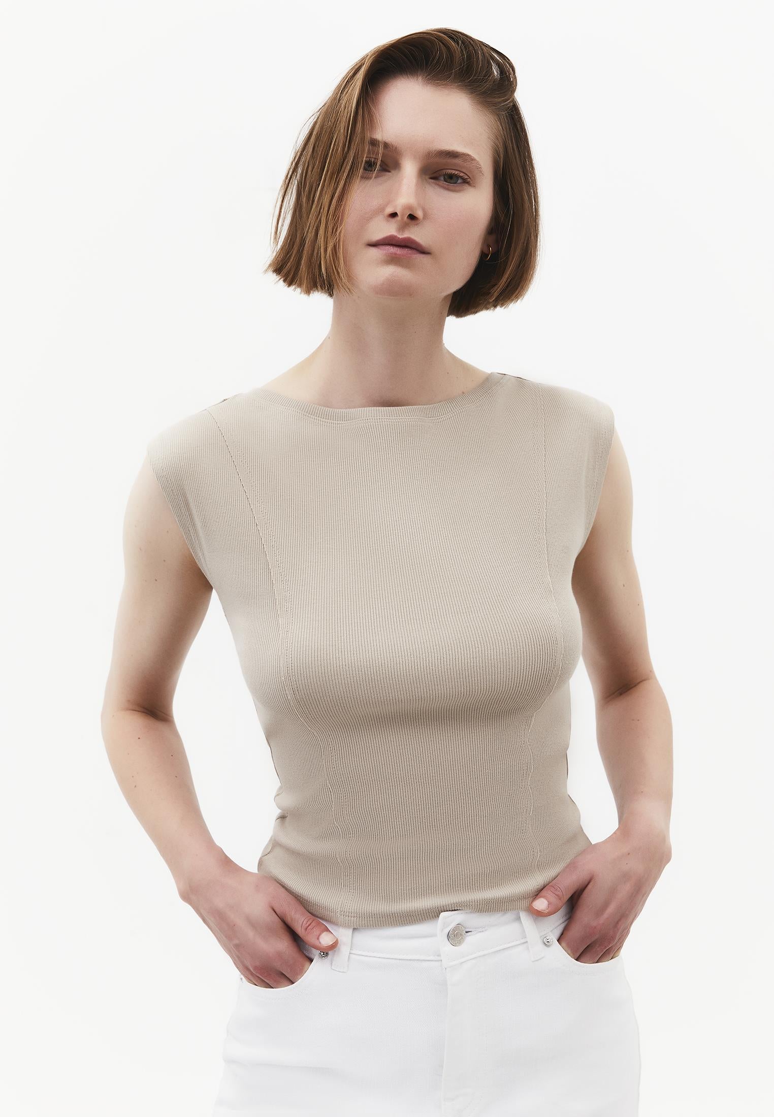 Boat Neck Sleeveless T-Shirt - PLAZA TAUPE